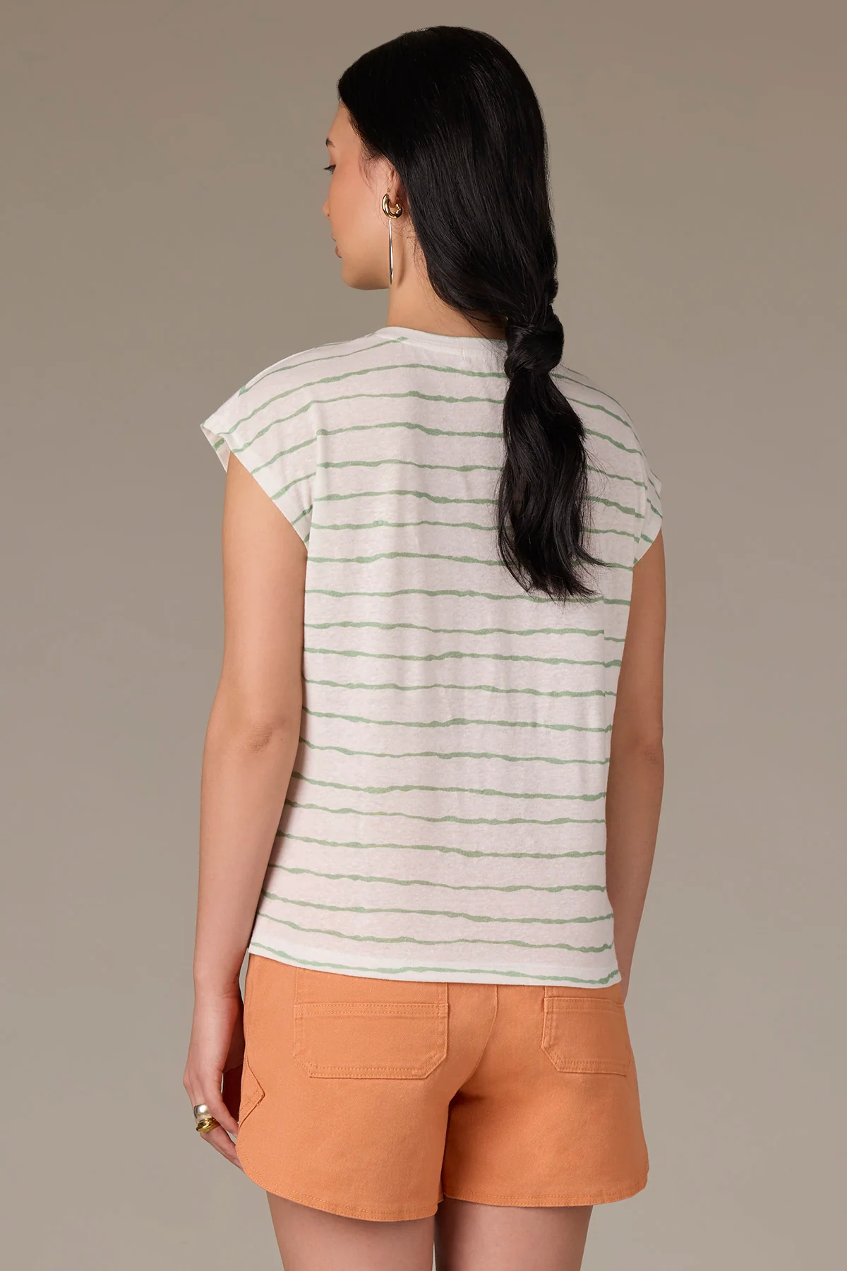 Extended Shoulder Sleeve Scoop Neck Slit Hem Stripe Print Knit Top - Image 14