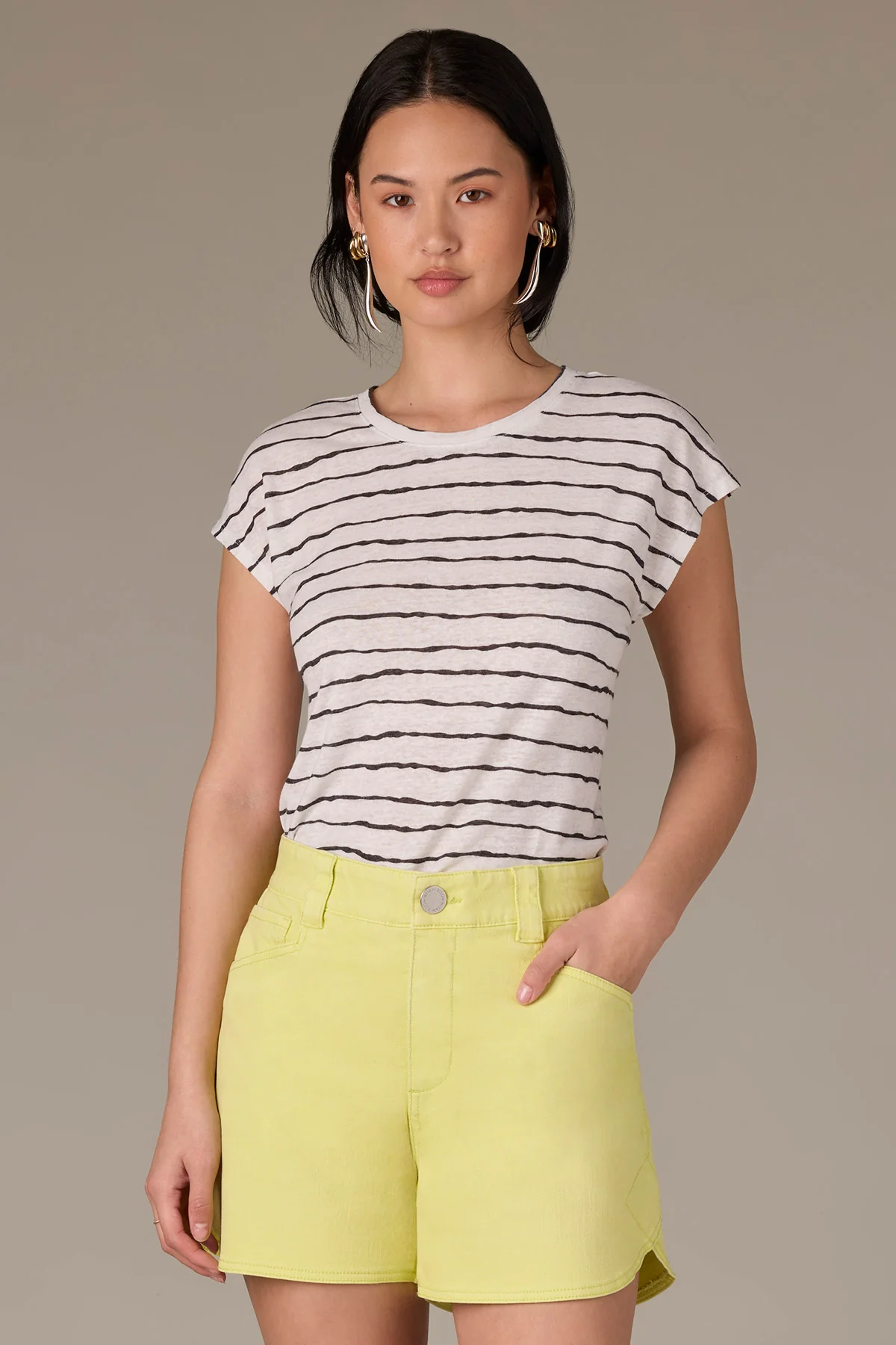 Extended Shoulder Sleeve Scoop Neck Slit Hem Stripe Print Knit Top - Image 4