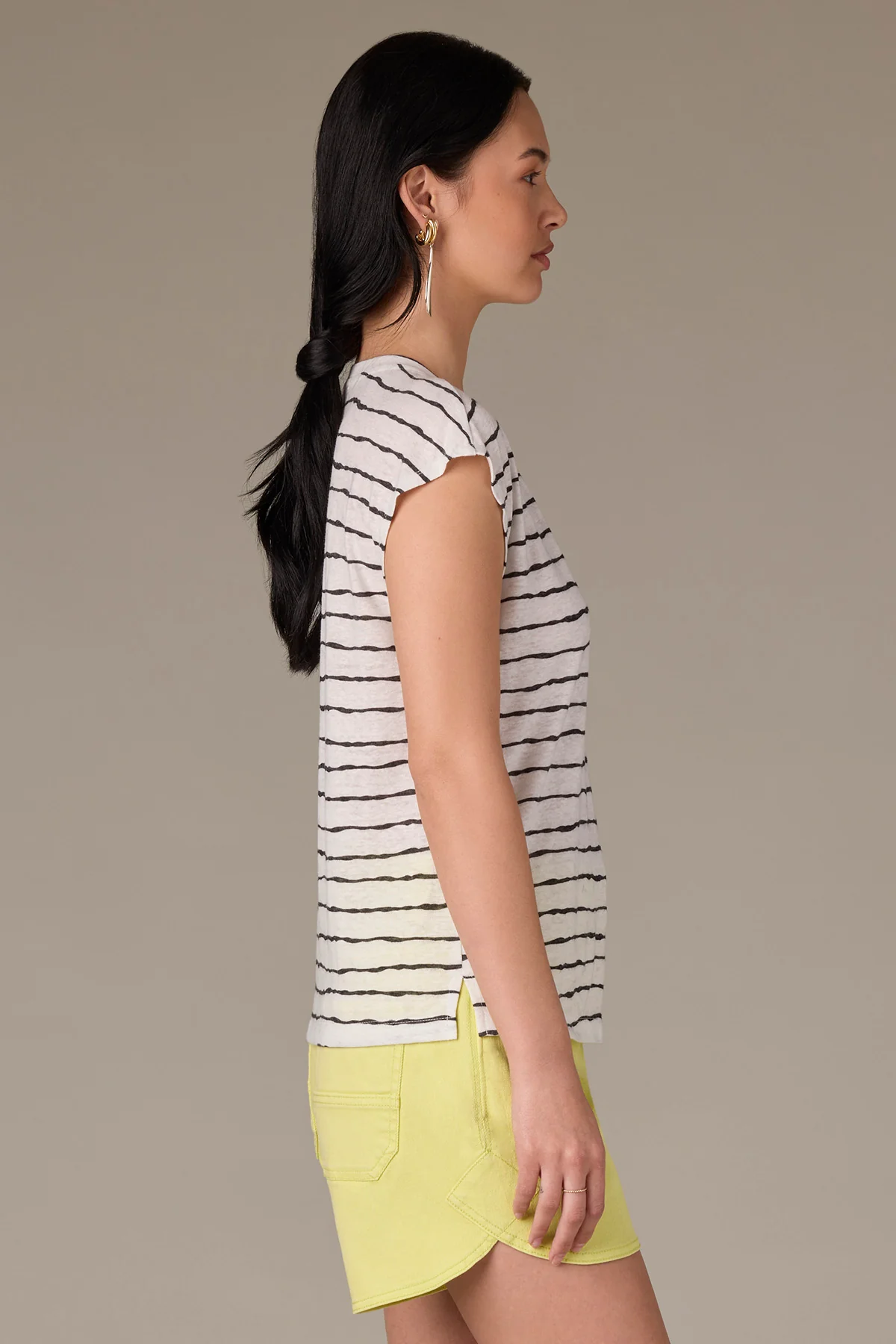 Extended Shoulder Sleeve Scoop Neck Slit Hem Stripe Print Knit Top - Image 5