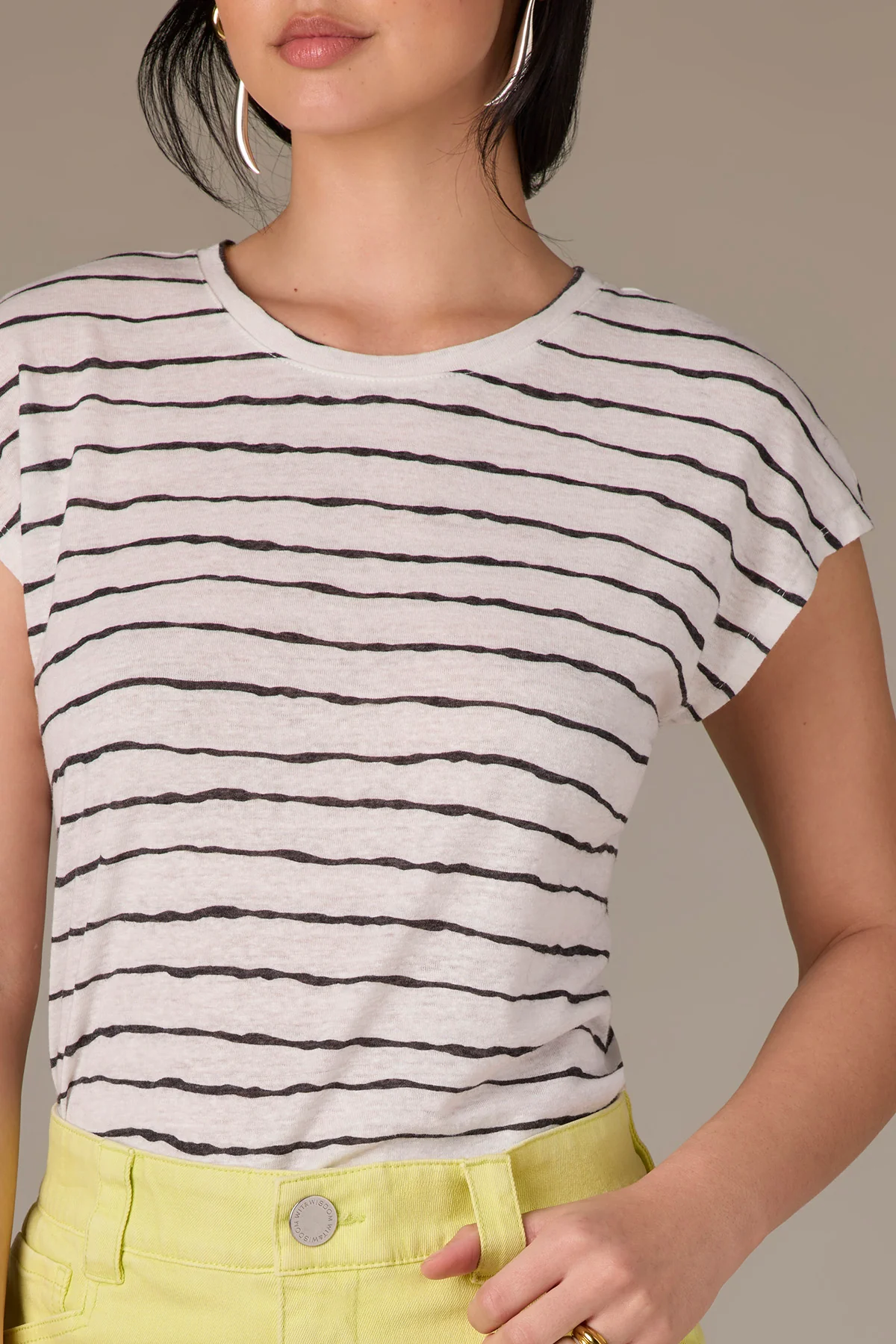 Extended Shoulder Sleeve Scoop Neck Slit Hem Stripe Print Knit Top - Image 7