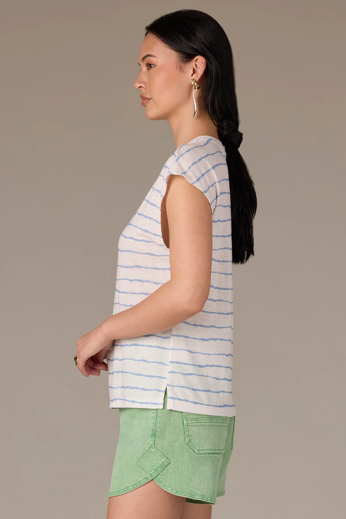 Extended Shoulder Sleeve Scoop Neck Slit Hem Stripe Print Knit Top - Image 9