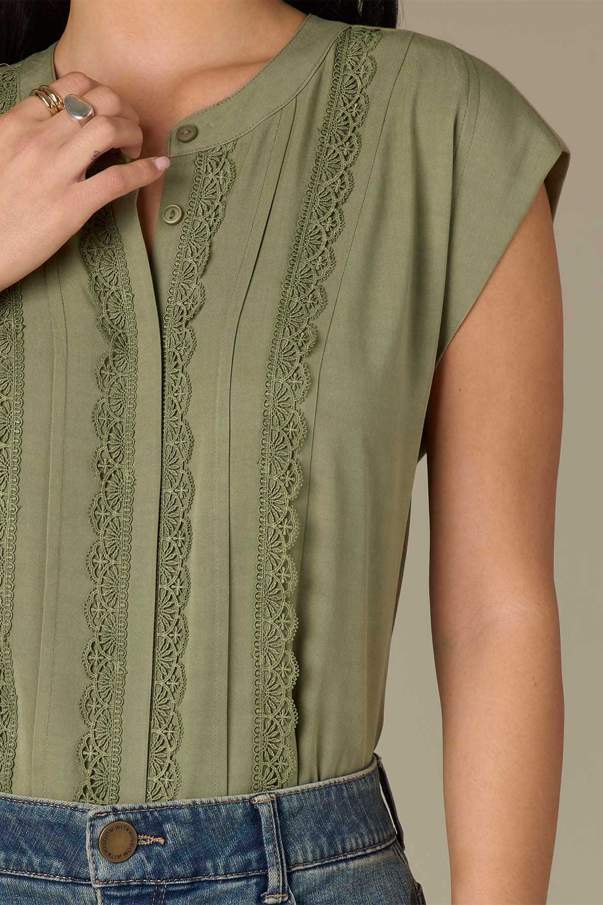 Extended Shoulder Stand Collar Button Down Plus Size Woven Top - Image 4