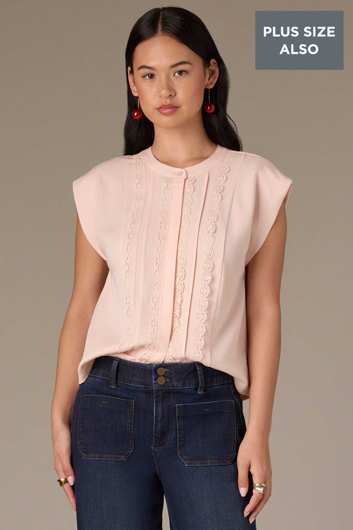 Extended Shoulder Stand Collar Button Down Plus Size Woven Top - Image 5