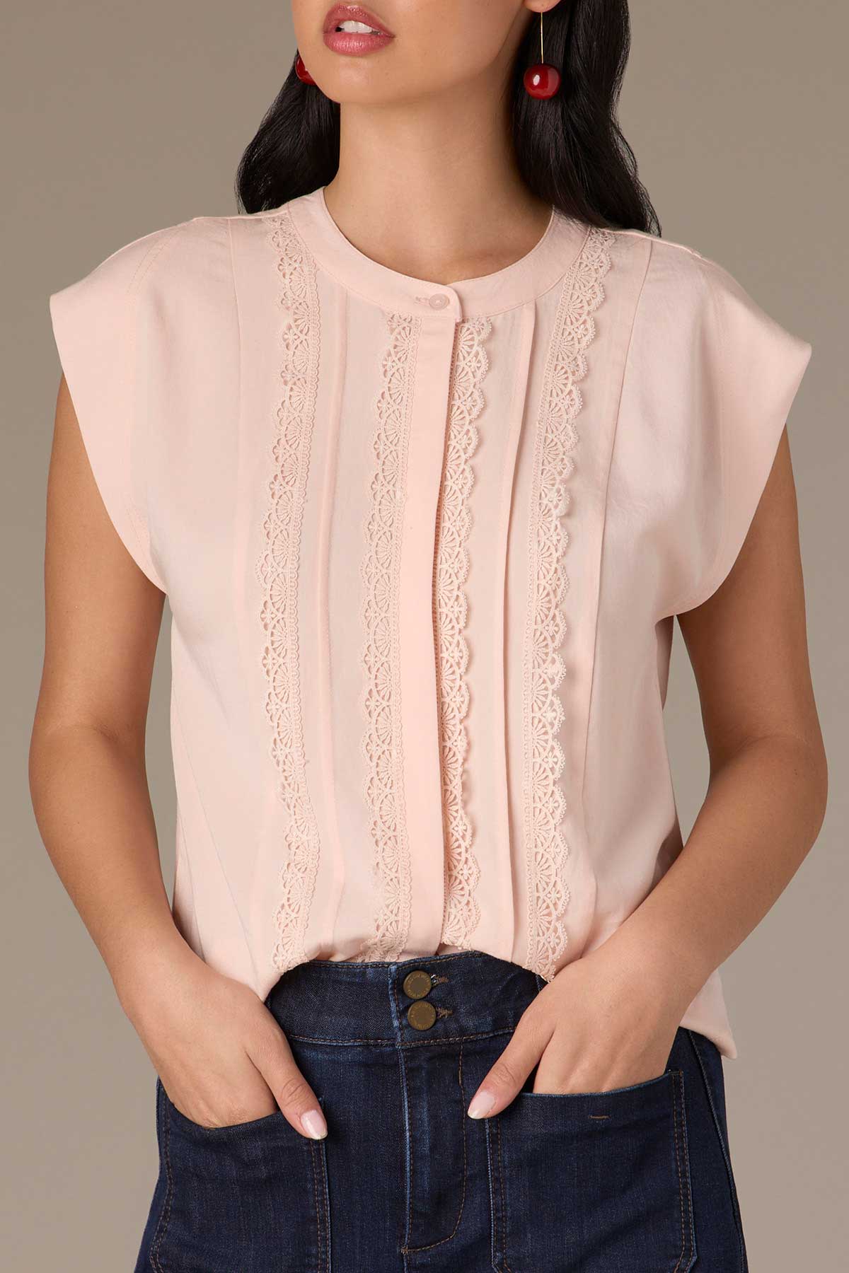 Extended Shoulder Stand Collar Button Down Plus Size Woven Top - Image 8