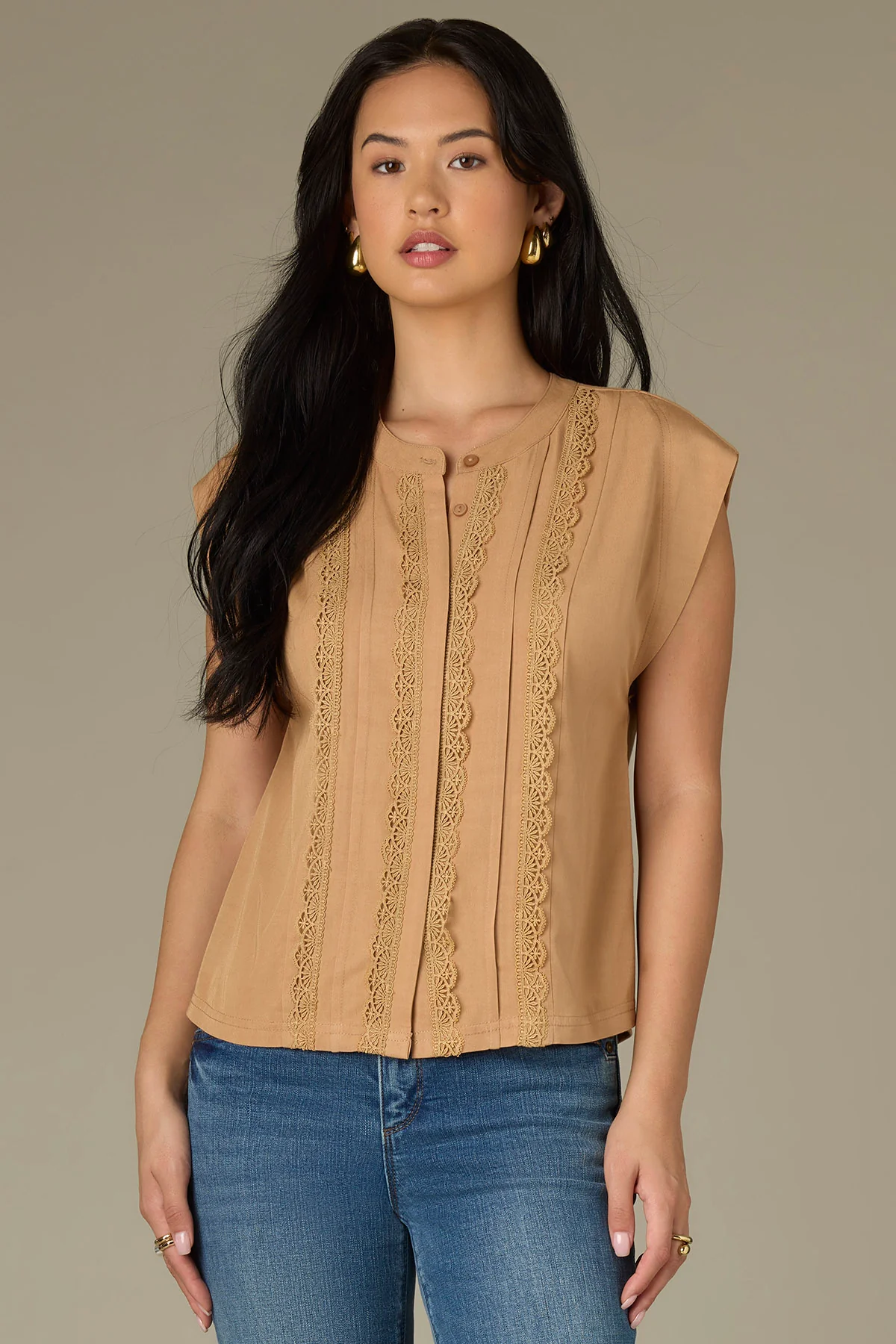 Extended Shoulder Stand Collar Button Down Woven Top - Image 10