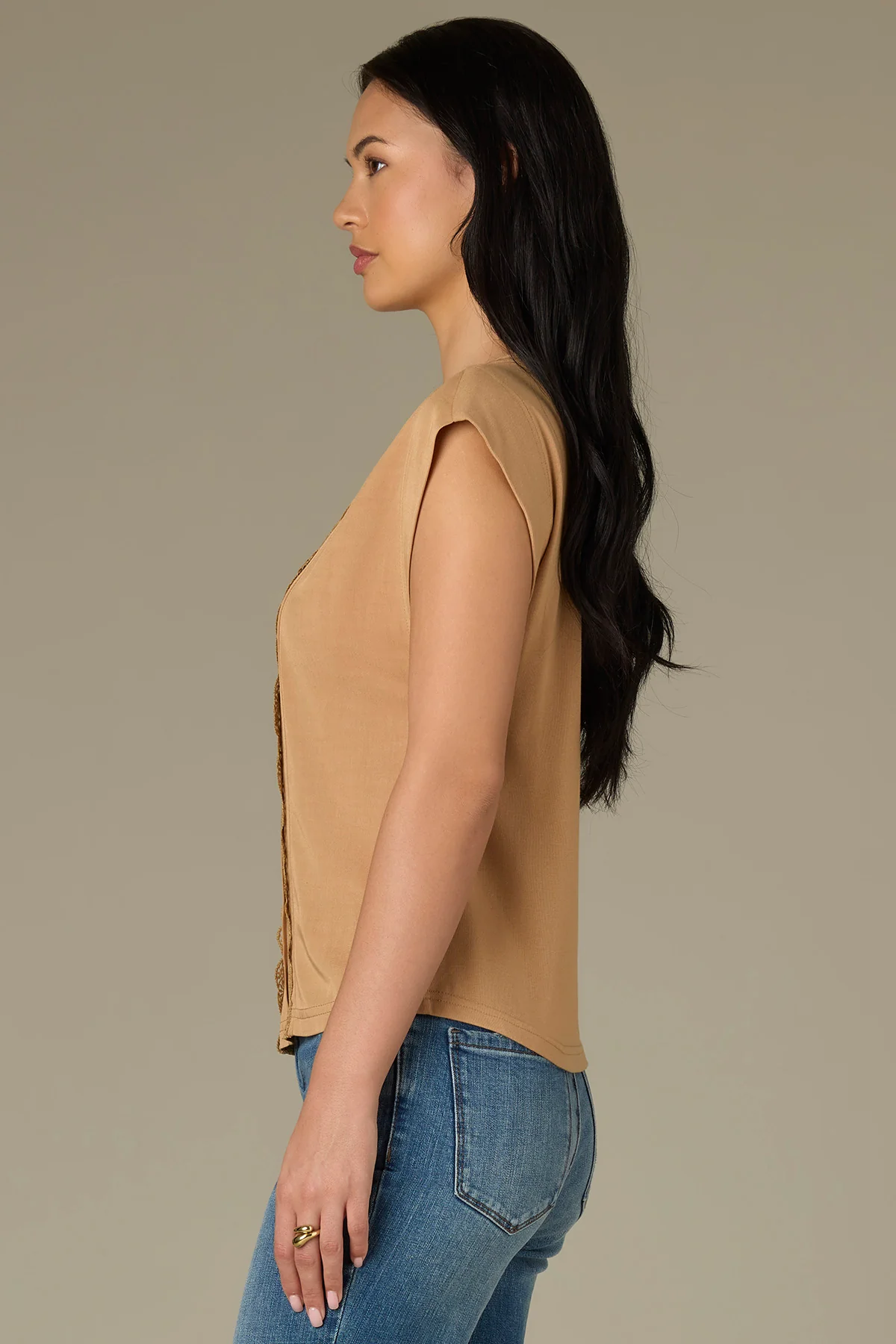 Extended Shoulder Stand Collar Button Down Woven Top - Image 12