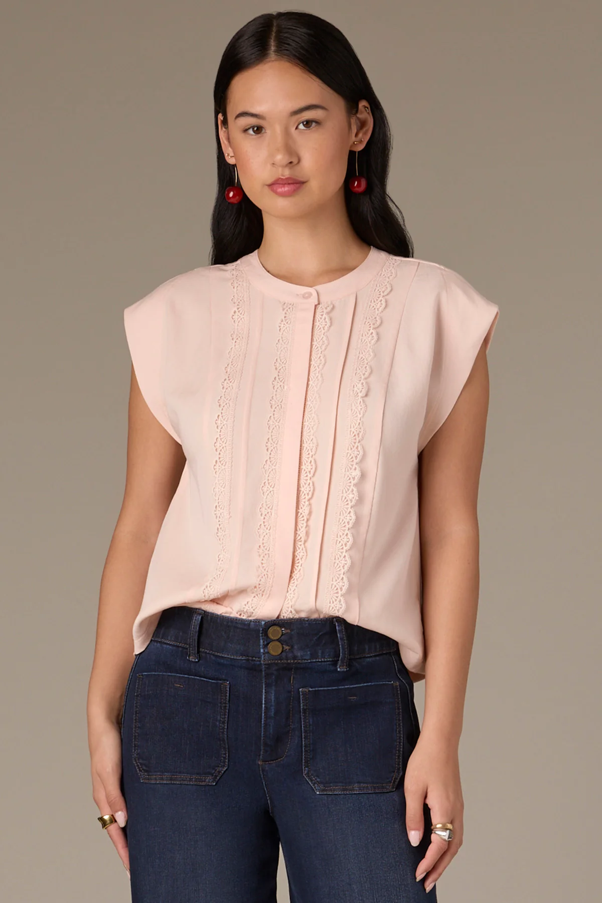 Extended Shoulder Stand Collar Button Down Woven Top - Image 18