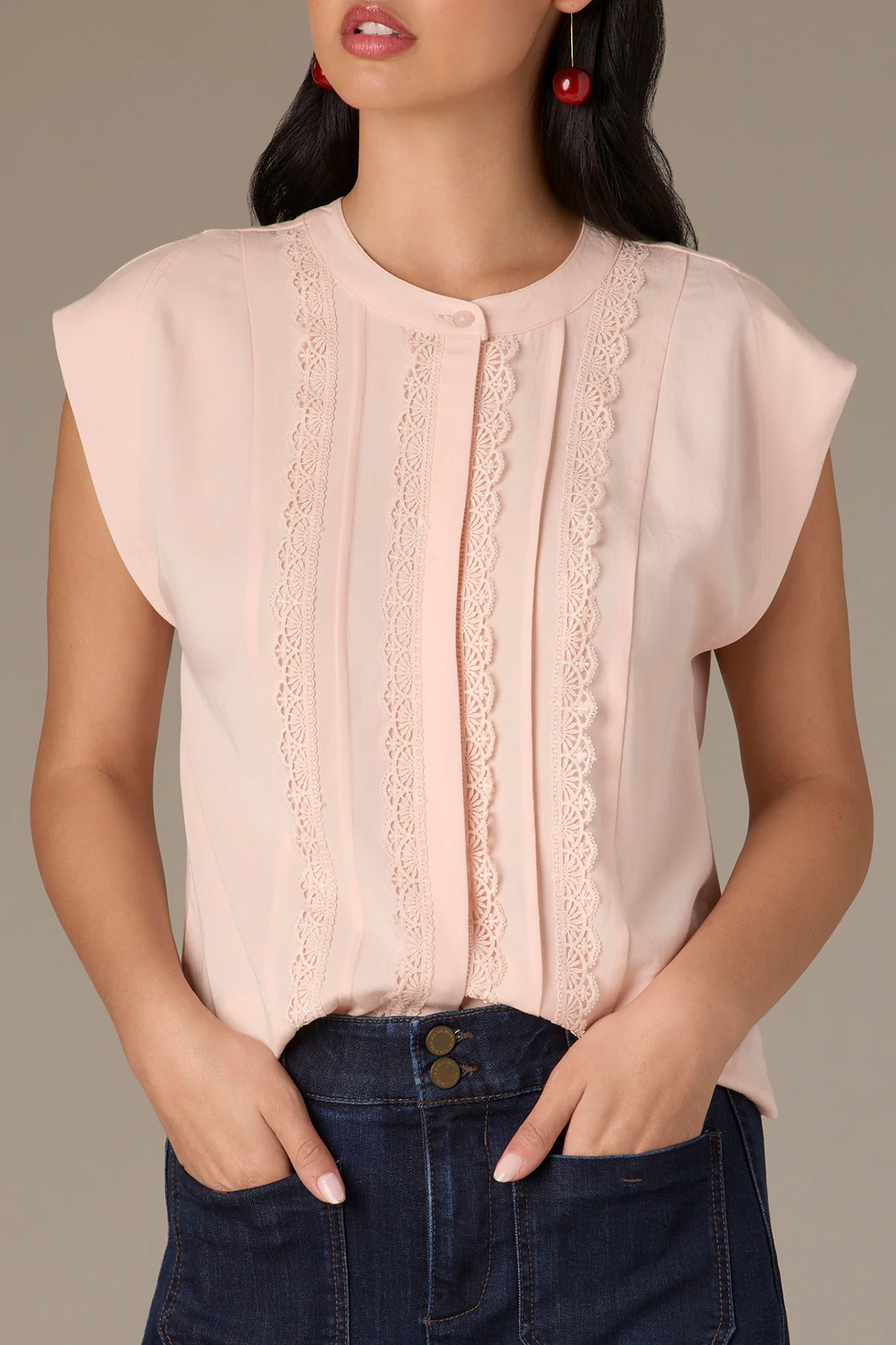 Extended Shoulder Stand Collar Button Down Woven Top - Image 21