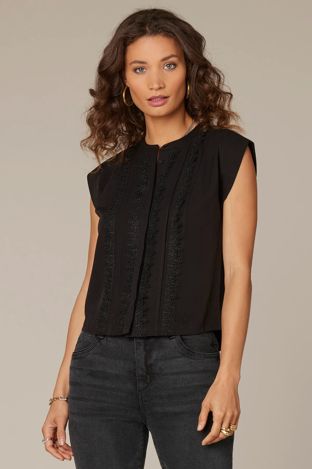 Extended Shoulder Stand Collar Button Down Woven Top - Image 22