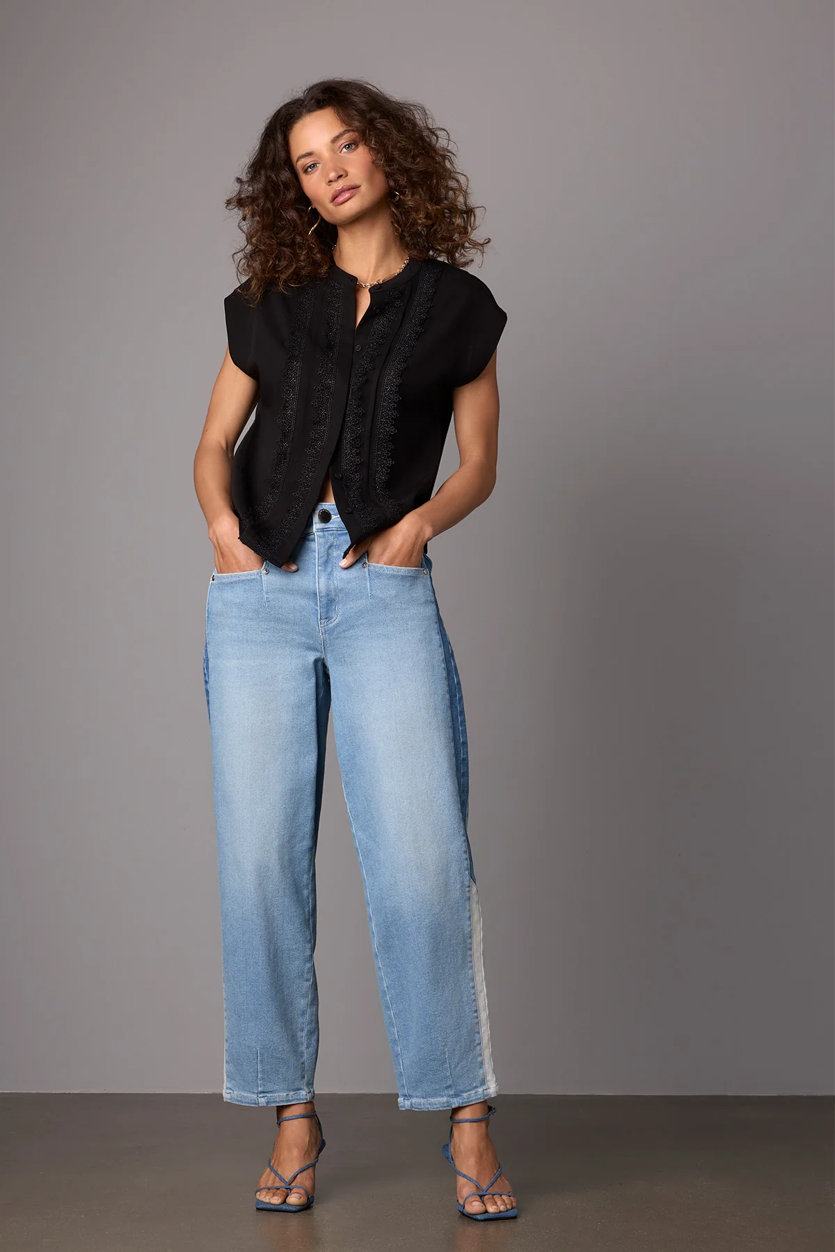 Extended Shoulder Stand Collar Button Down Woven Top - Image 23