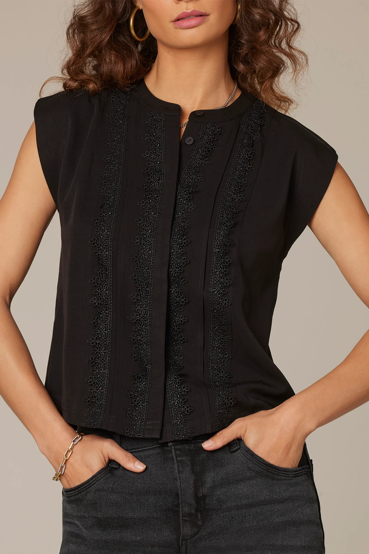 Extended Shoulder Stand Collar Button Down Woven Top - Image 26