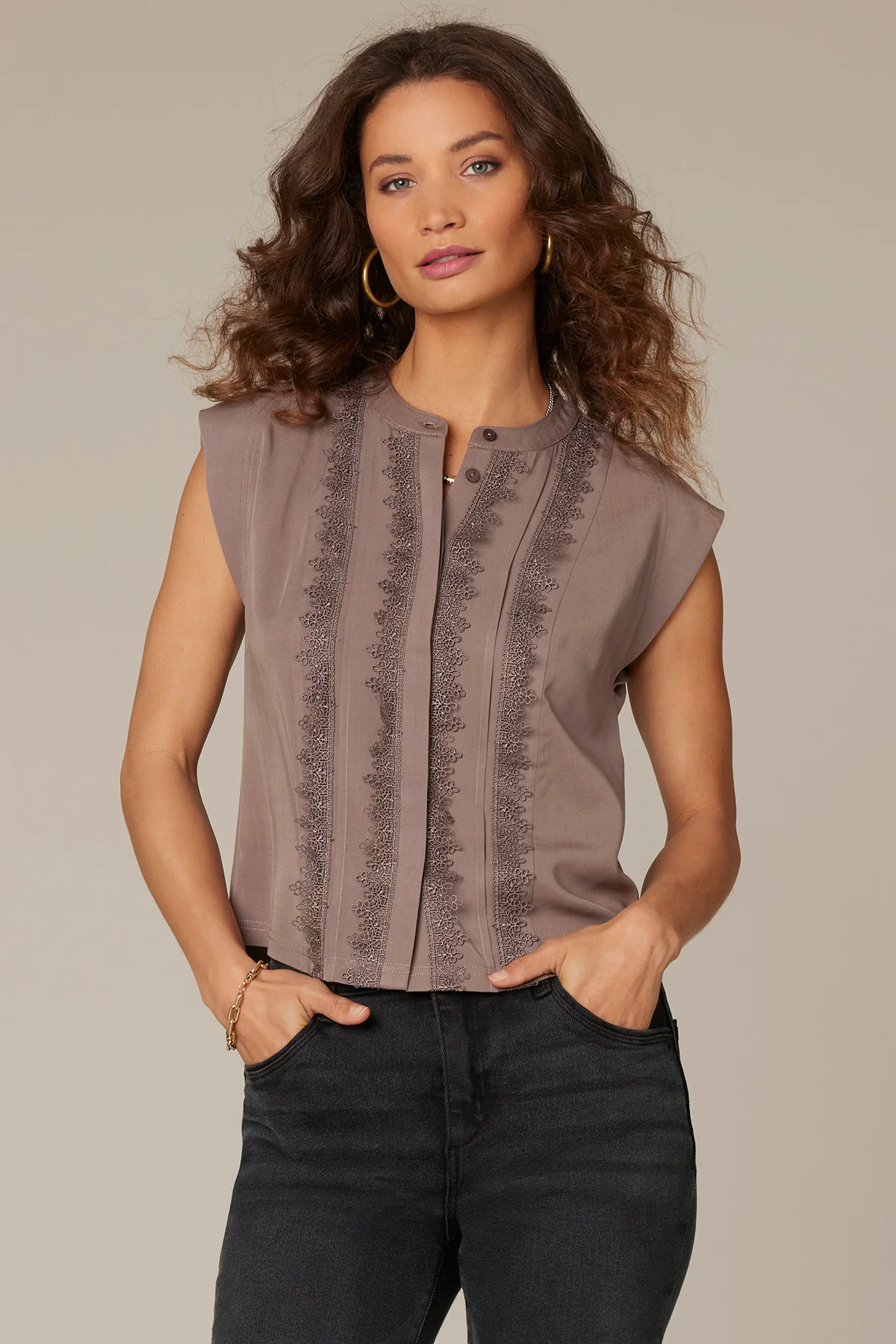 Extended Shoulder Stand Collar Button Down Woven Top - Image 27