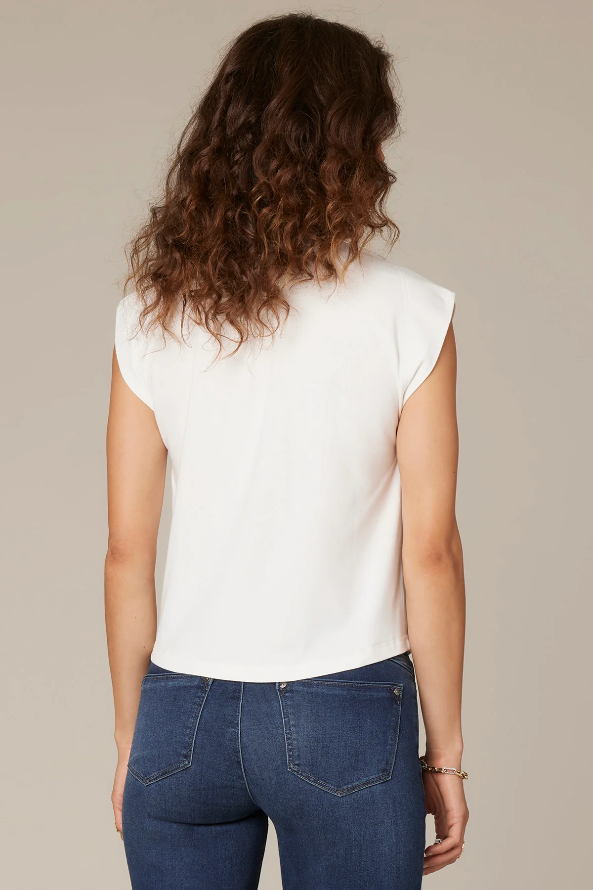Extended Shoulder Stand Collar Button Down Woven Top - Image 3