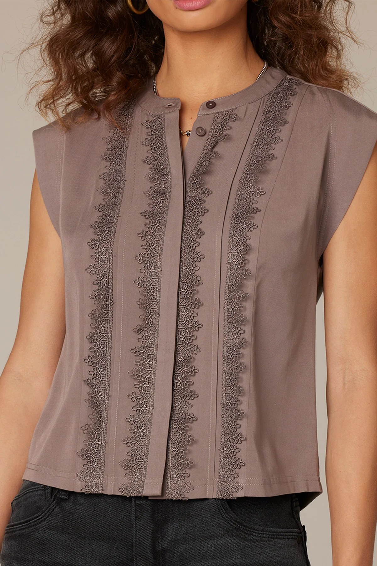 Extended Shoulder Stand Collar Button Down Woven Top - Image 30