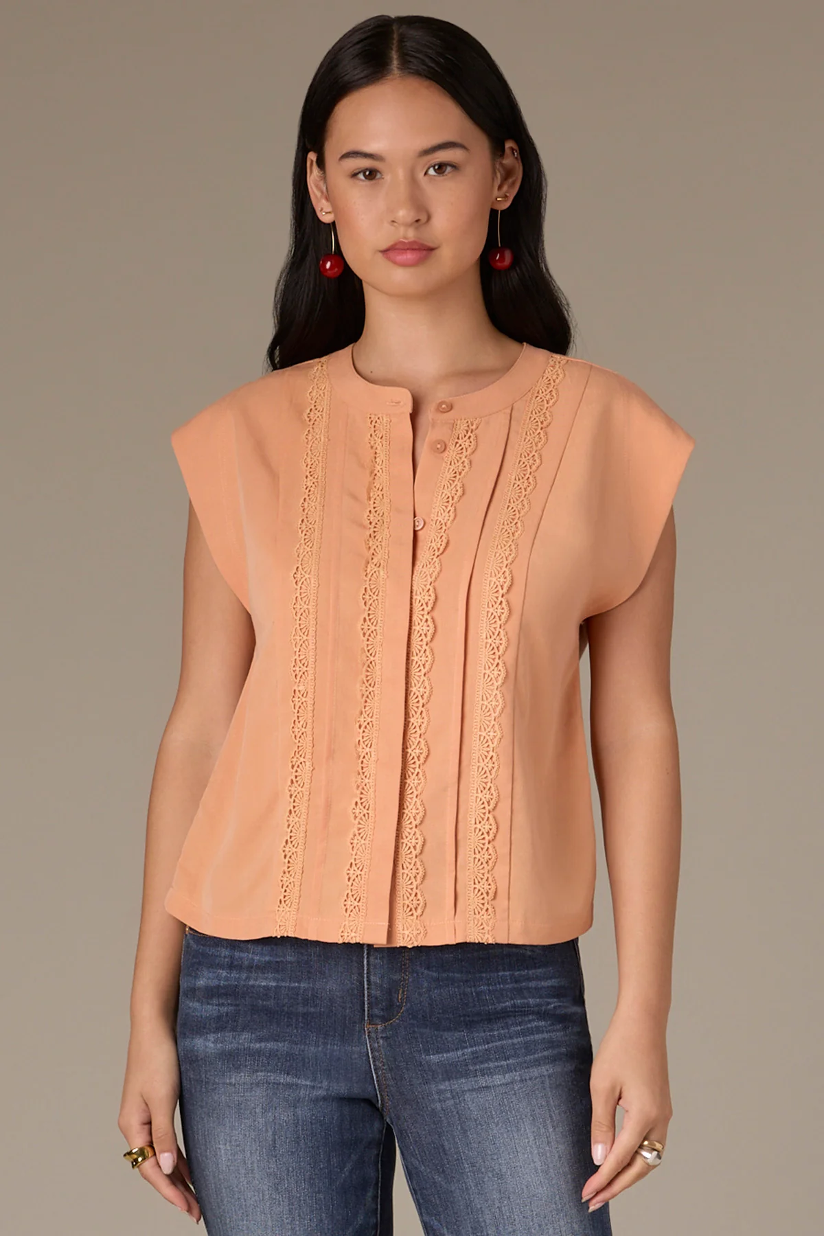 Extended Shoulder Stand Collar Button Down Woven Top - Image 31