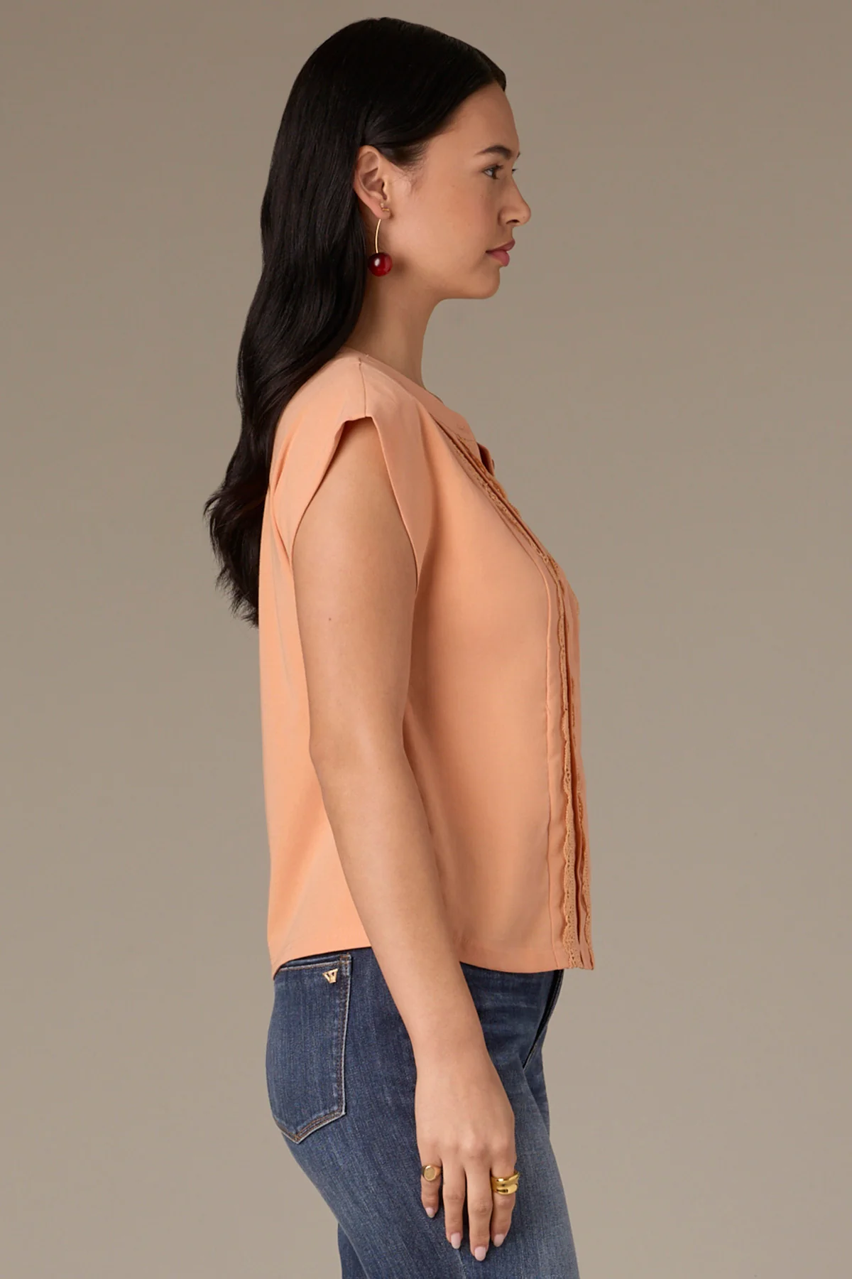 Extended Shoulder Stand Collar Button Down Woven Top - Image 33