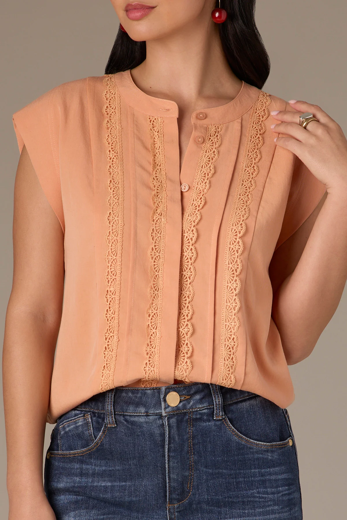 Extended Shoulder Stand Collar Button Down Woven Top - Image 35