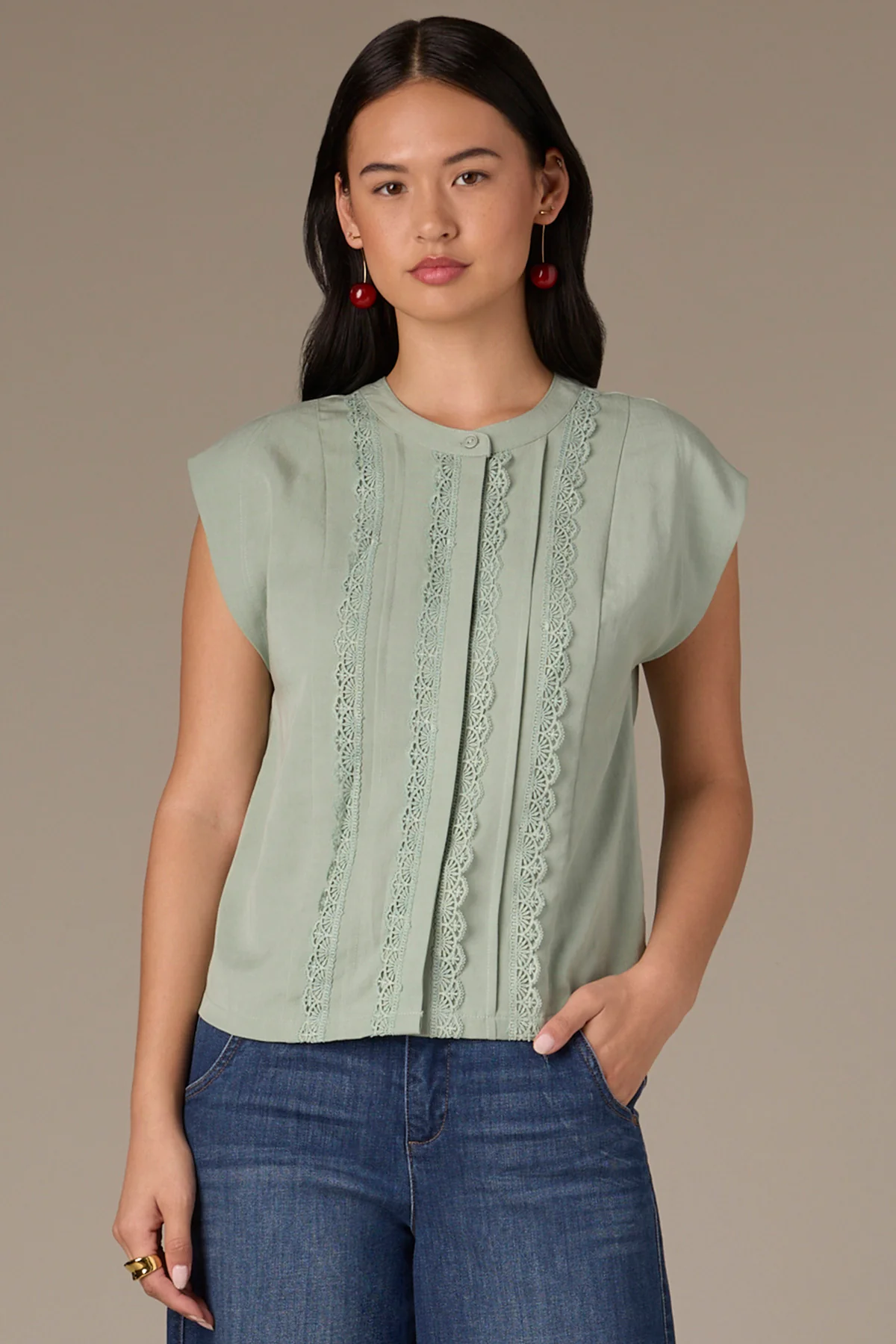 Extended Shoulder Stand Collar Button Down Woven Top - Image 36