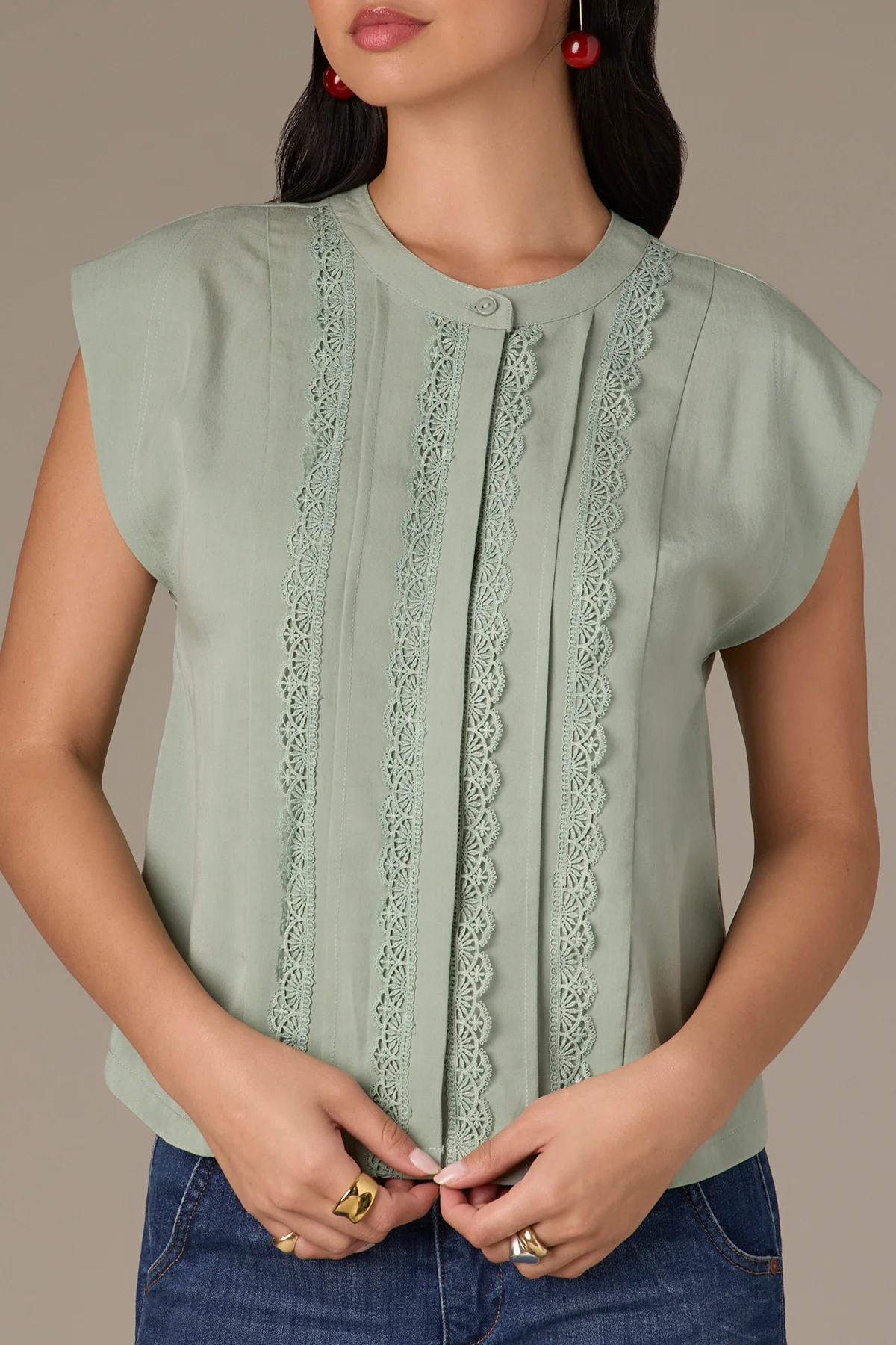 Extended Shoulder Stand Collar Button Down Woven Top - Image 37