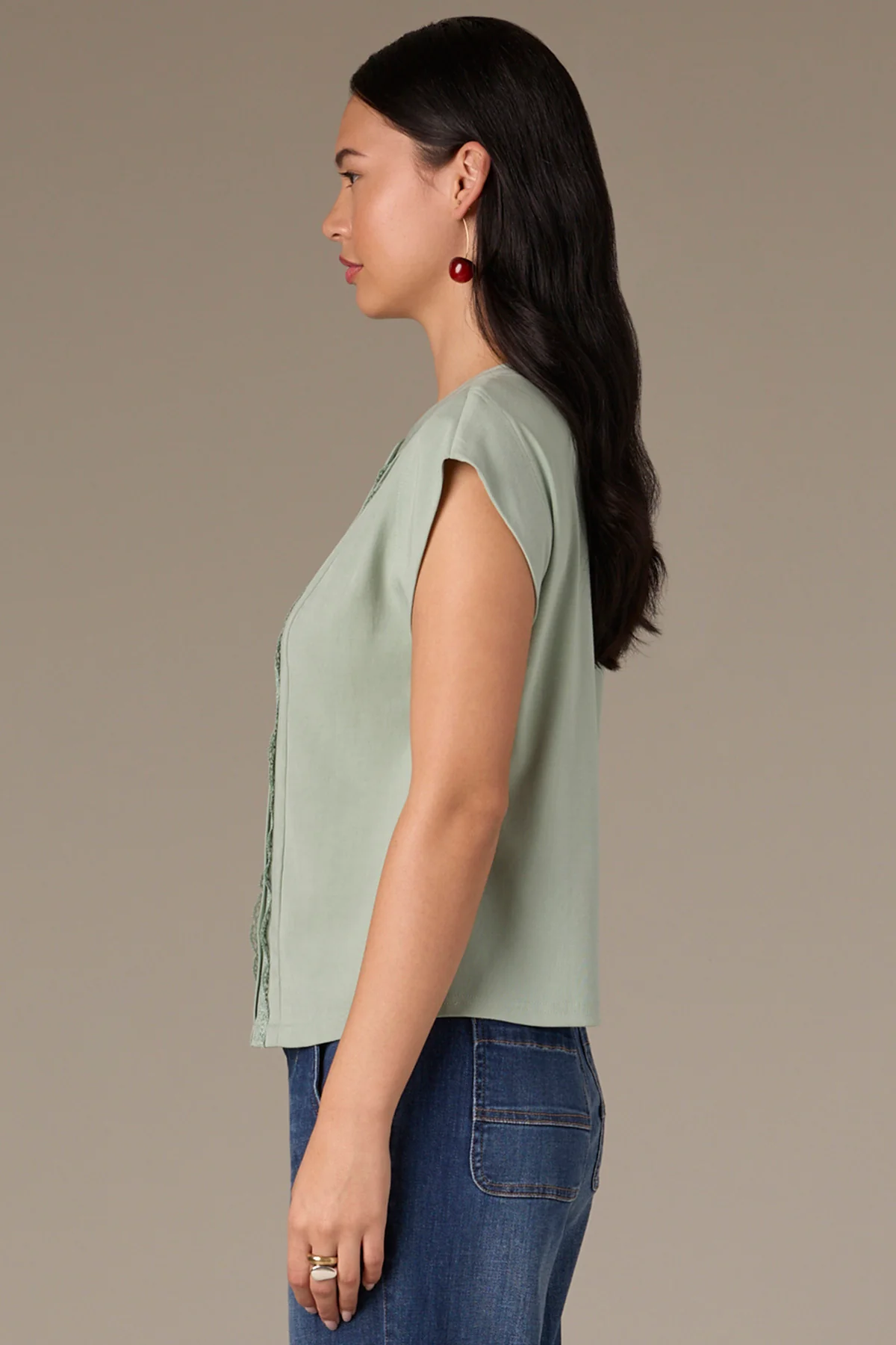 Extended Shoulder Stand Collar Button Down Woven Top - Image 38