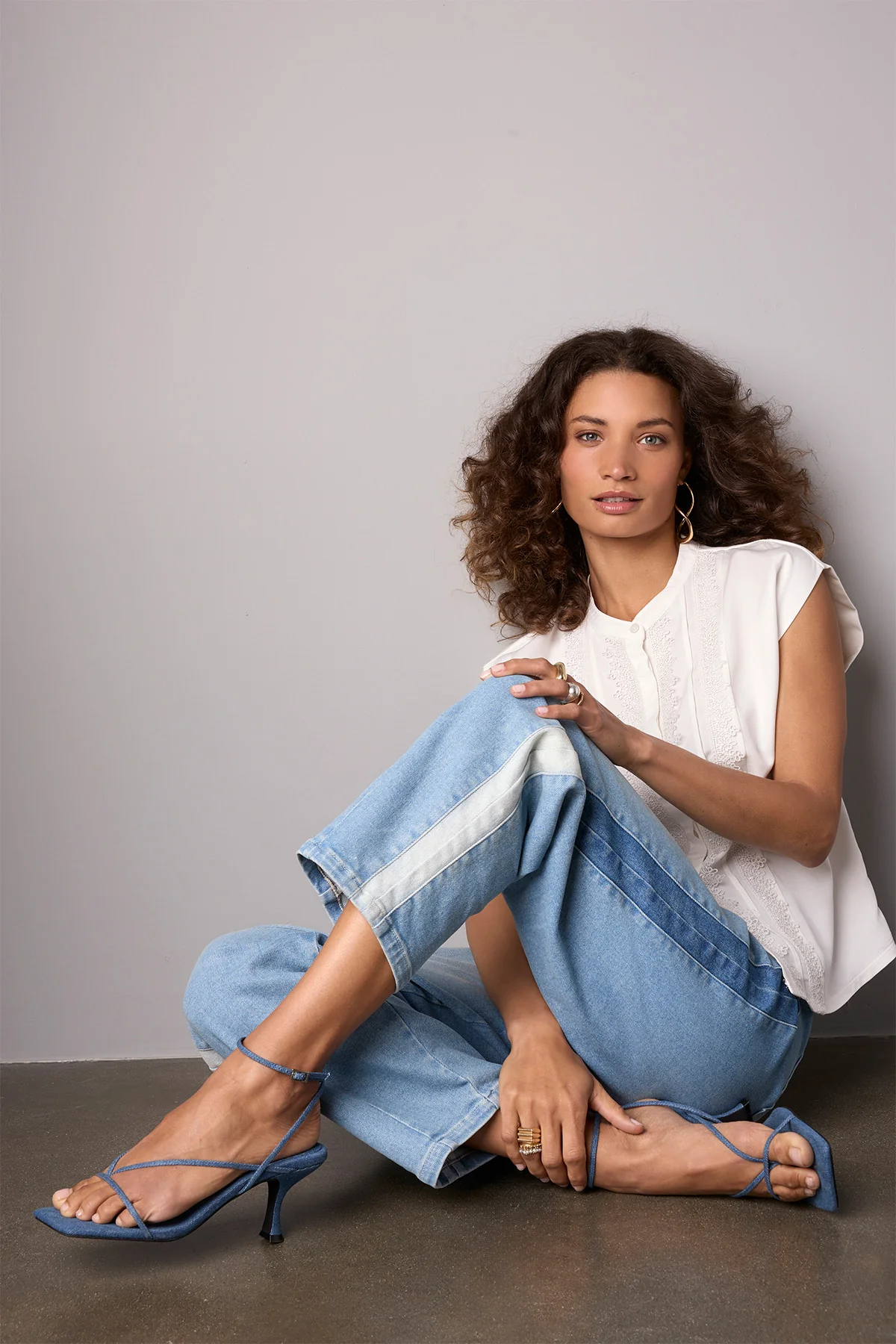 Extended Shoulder Stand Collar Button Down Woven Top - Image 40