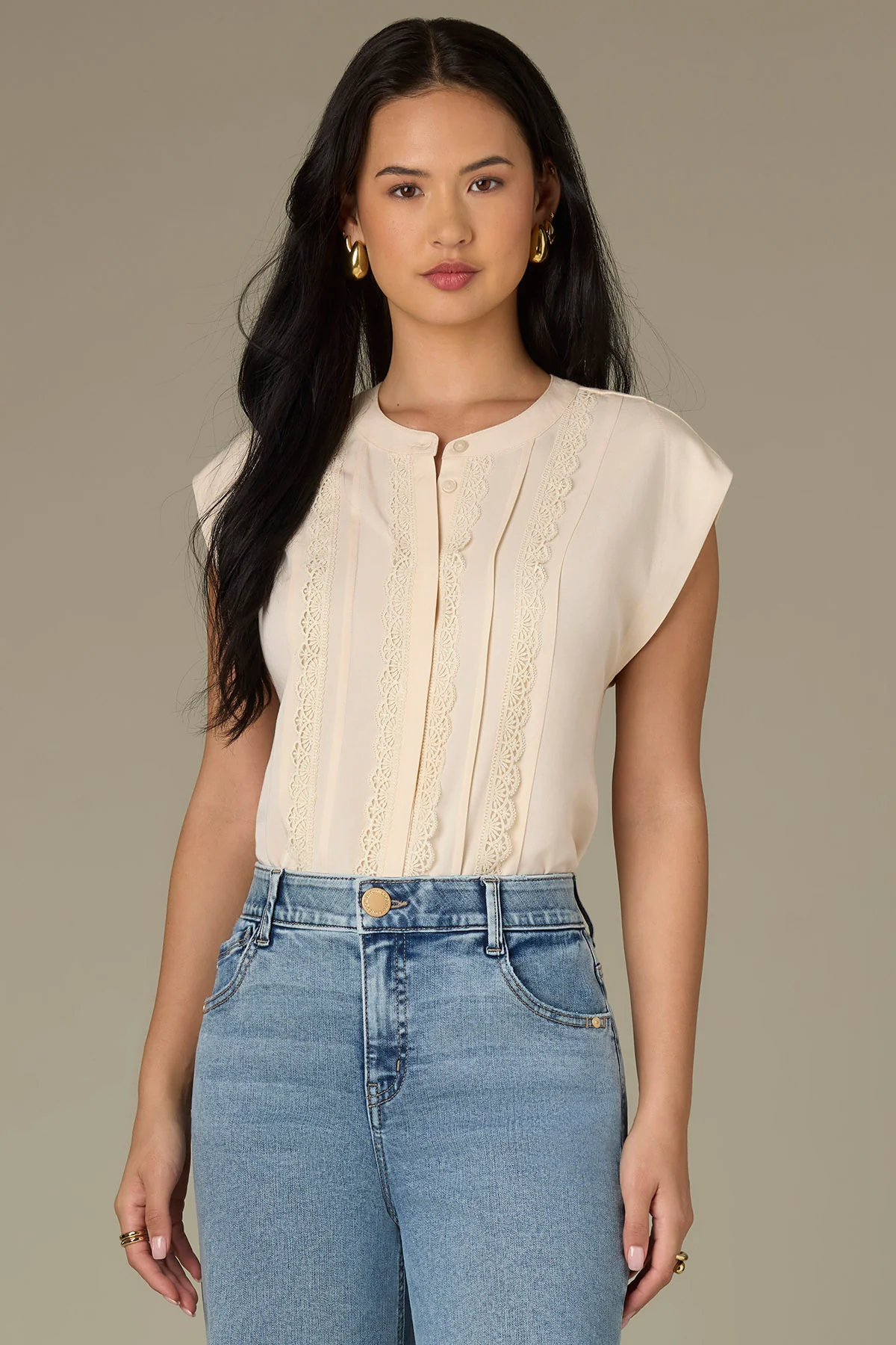 Extended Shoulder Stand Collar Button Down Woven Top - Image 6