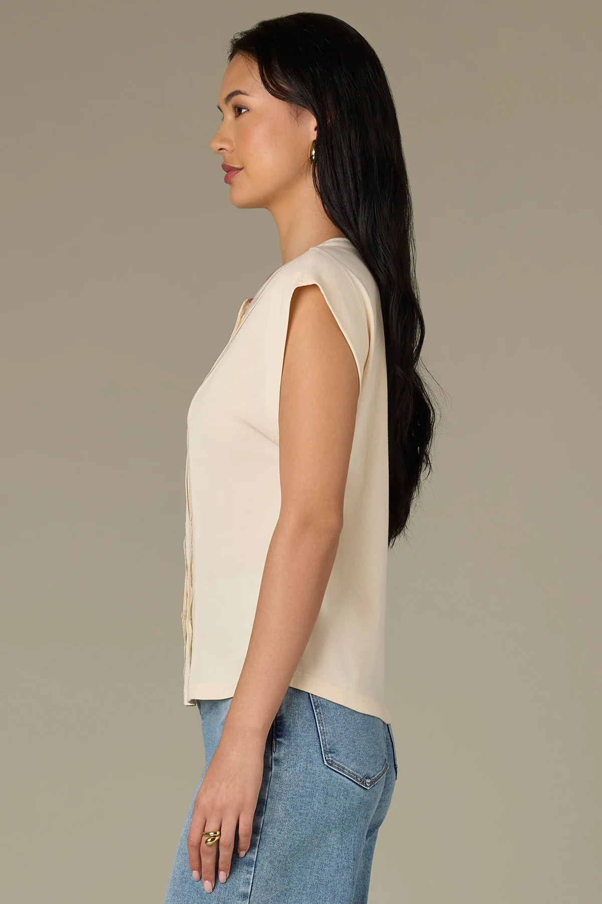 Extended Shoulder Stand Collar Button Down Woven Top - Image 7