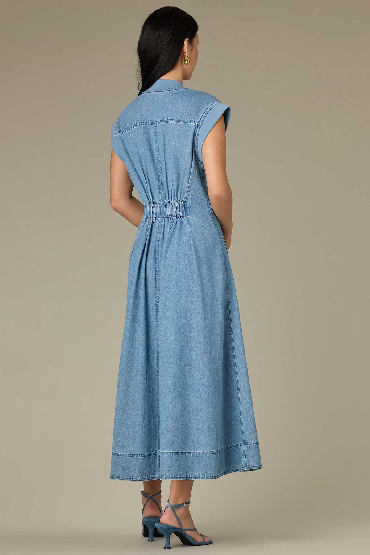 Extended Shoulder Zip Front Pleated Midi Plus Size Denim Dress - Image 3