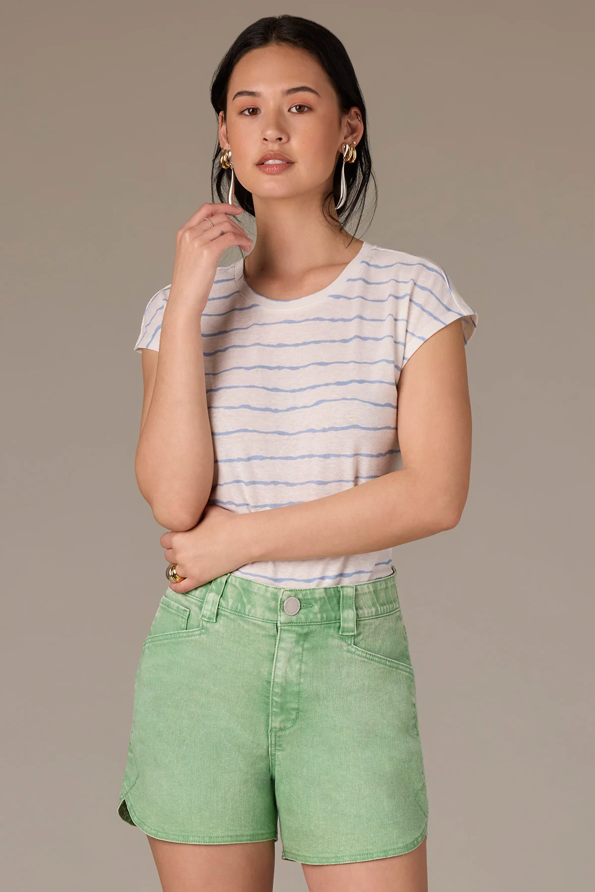 Extended Sleeve Scoop Neck Slit Hem Striped Petite Knit Top - Image 5