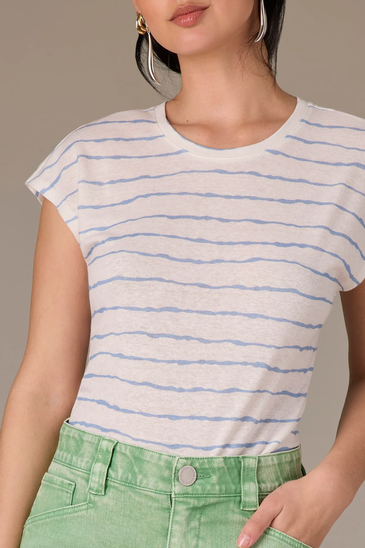 Extended Sleeve Scoop Neck Slit Hem Striped Petite Knit Top - Image 8