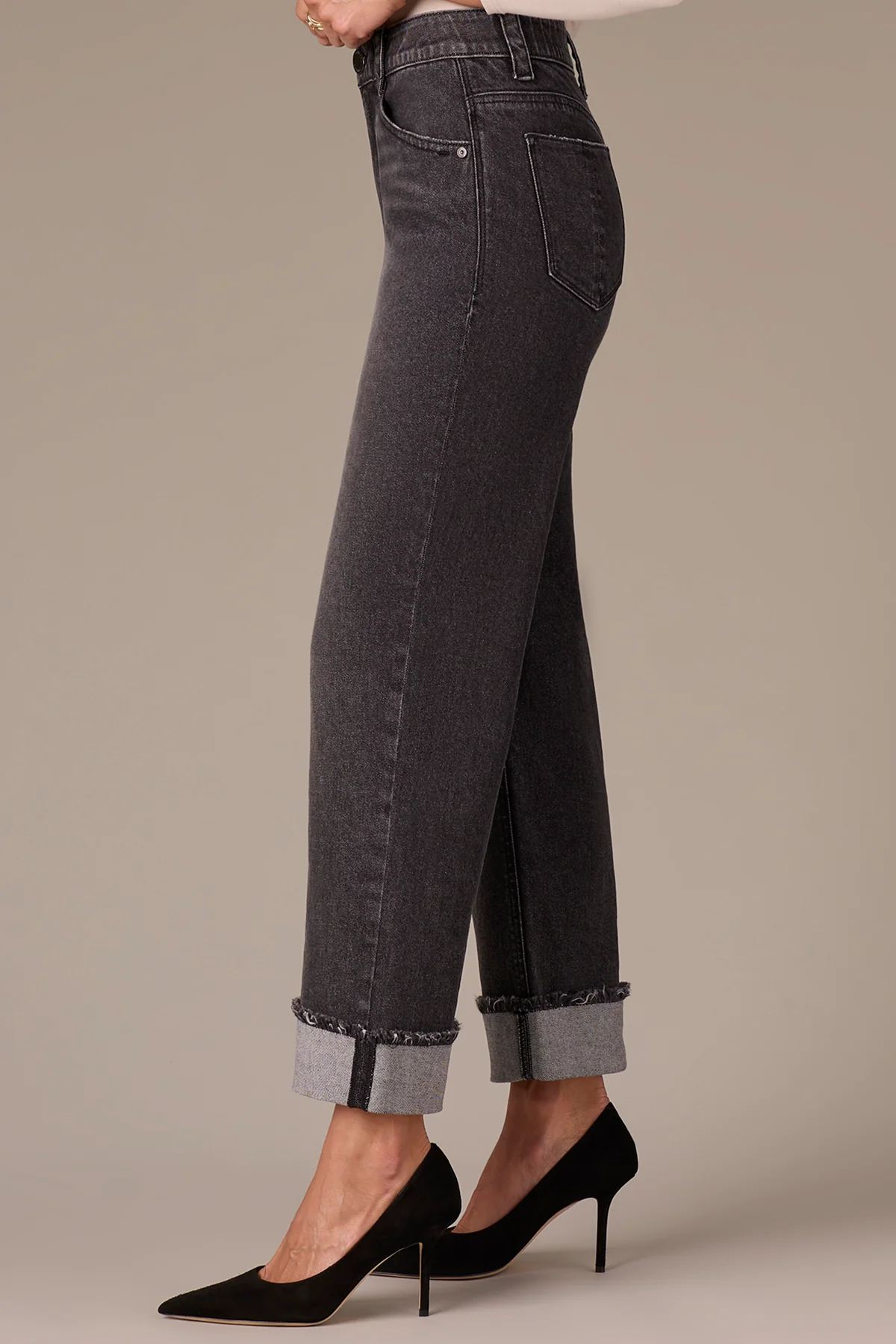 High Rise Boyfriend Jeans with Clean Finish Fray Cuff Hem - Image 3