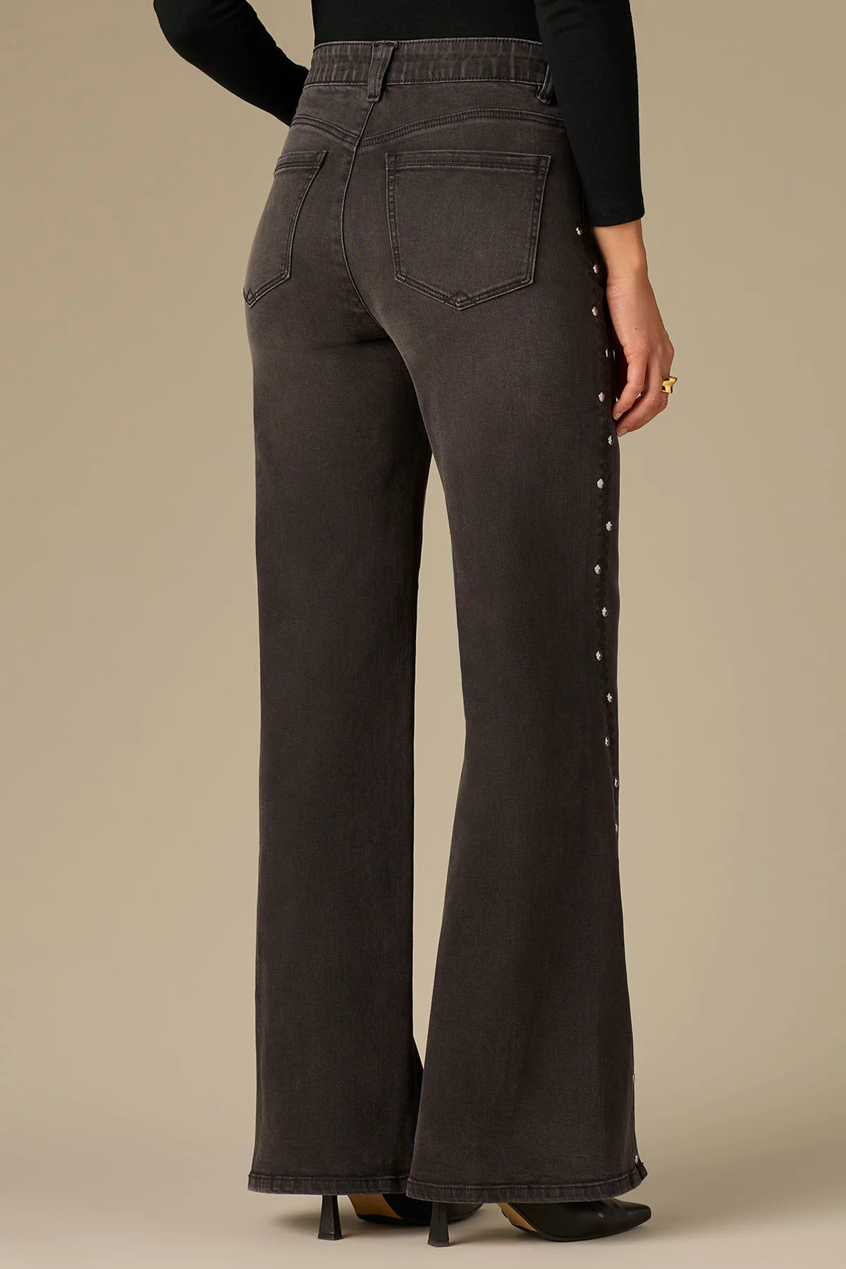 High Rise Forward Slit Seam Sam Wide Leg Petite Jeans with Studs - Image 3