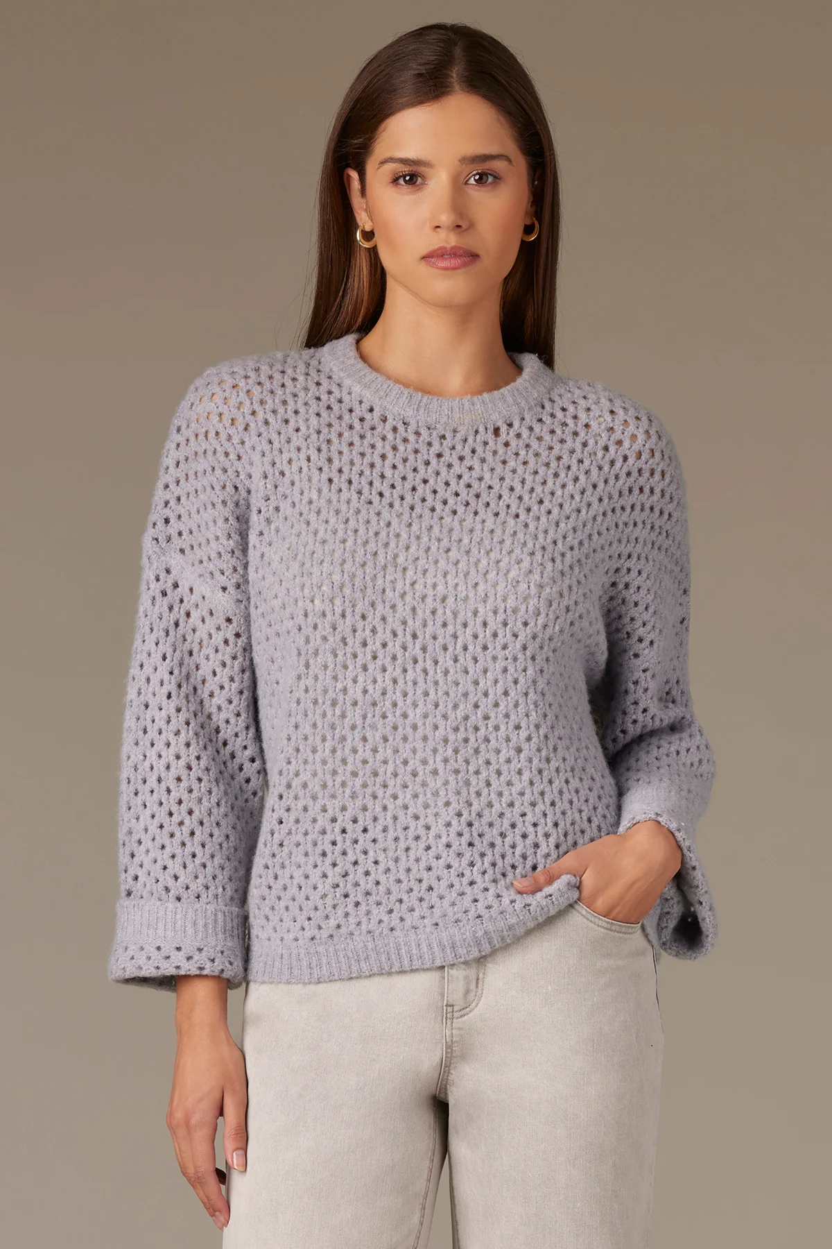 Long Cuffed Sleeve Round Neck Open Work Sweater - Image 10