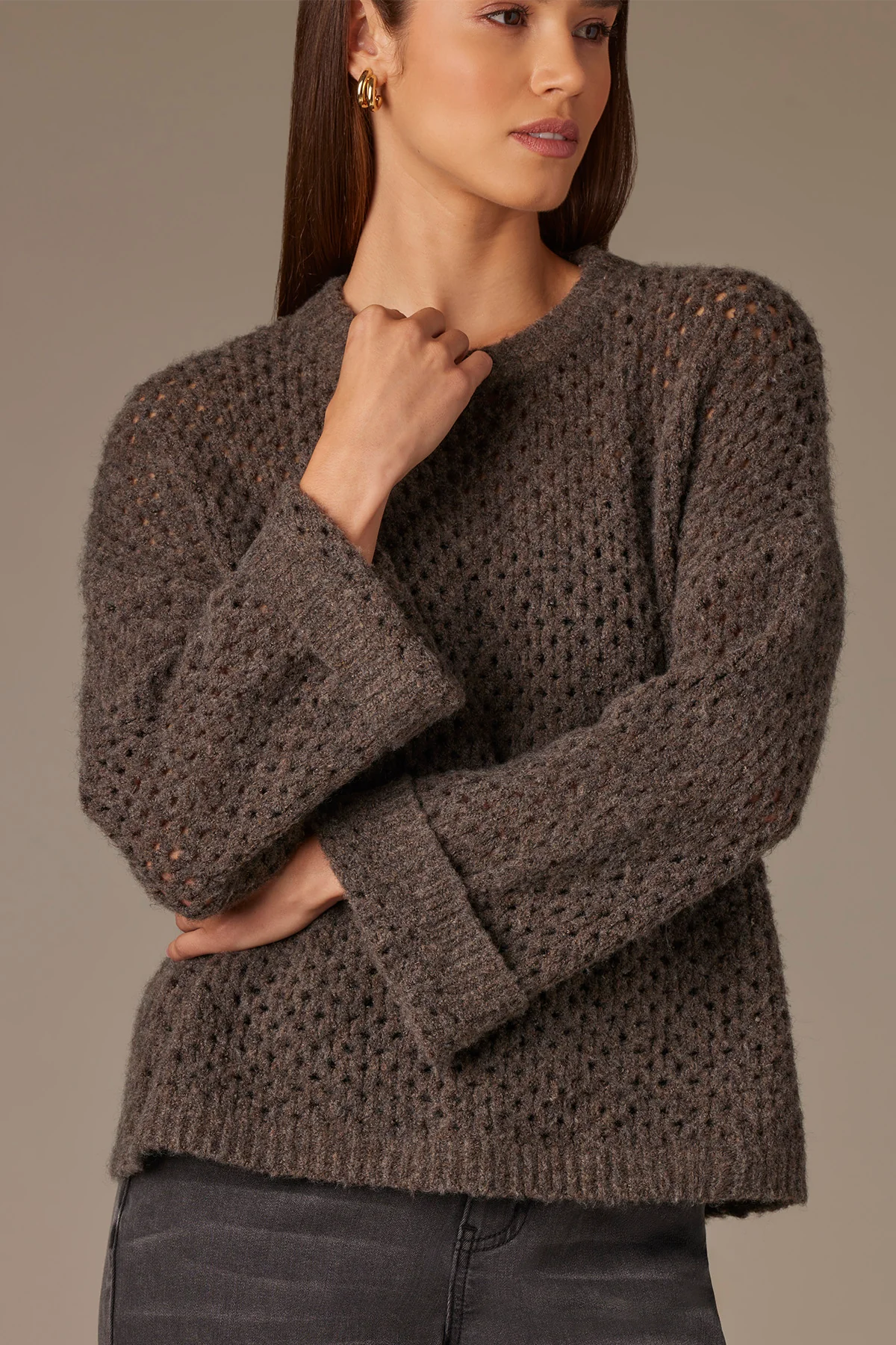 Long Cuffed Sleeve Round Neck Open Work Sweater - Image 11