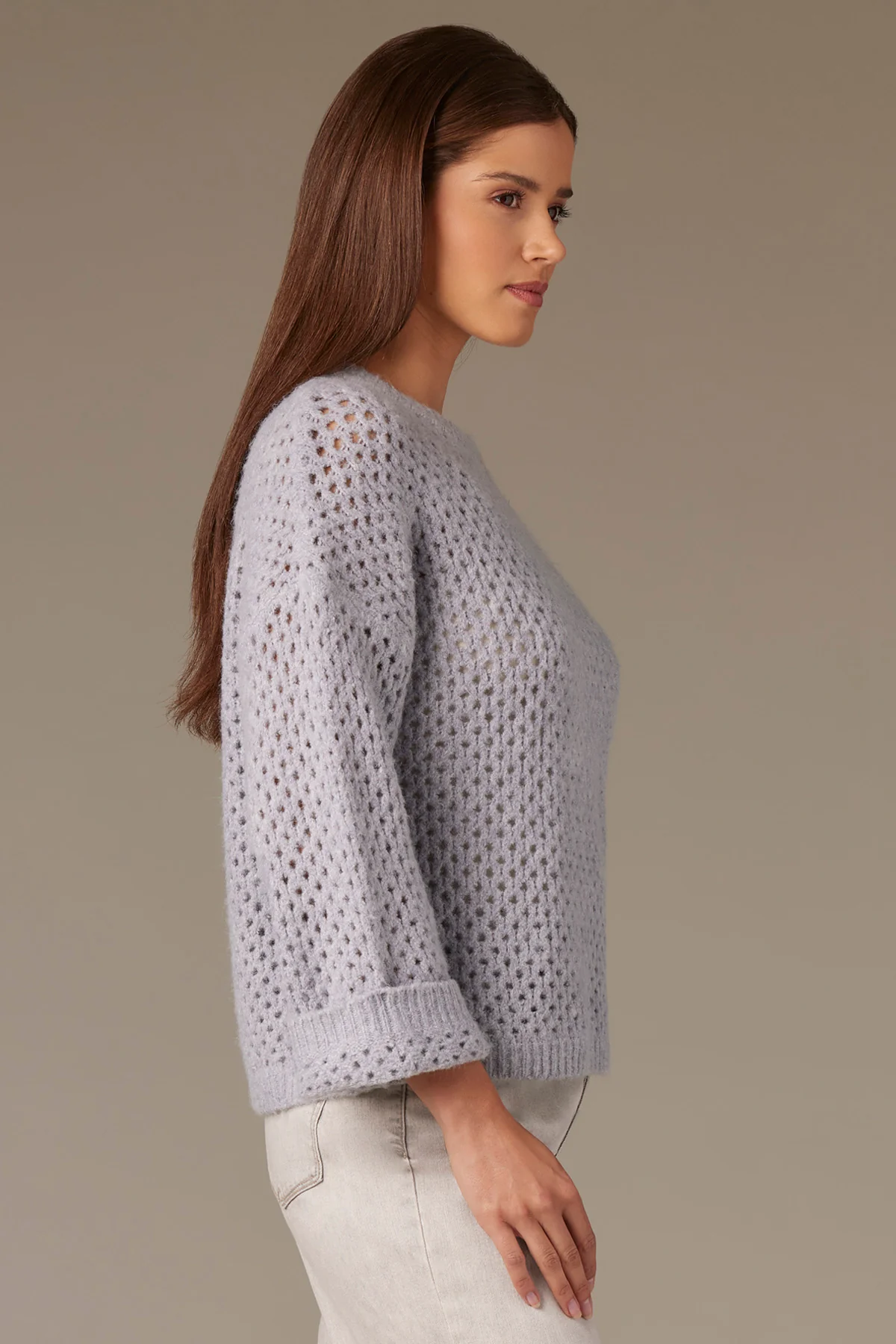 Long Cuffed Sleeve Round Neck Open Work Sweater - Image 12