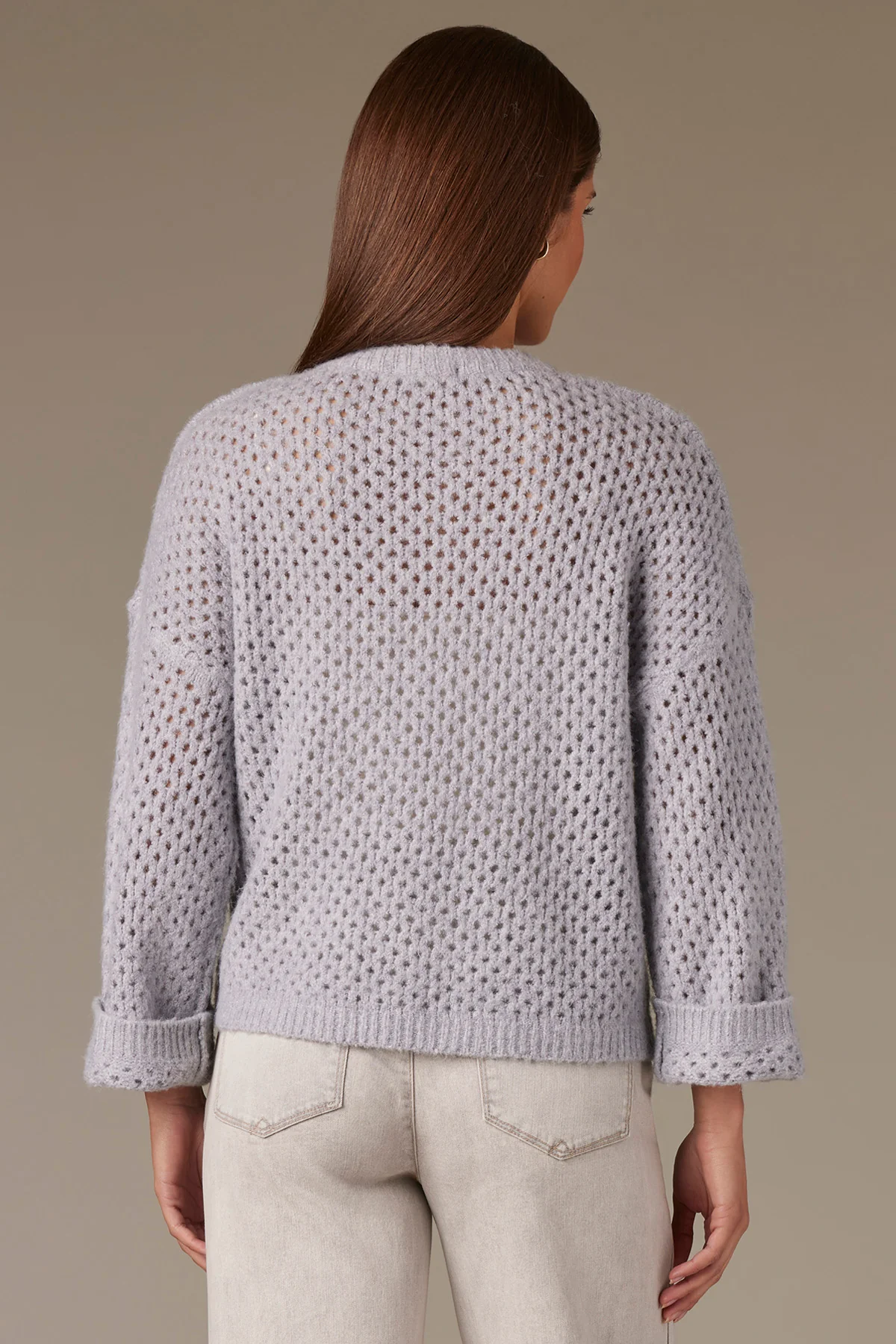 Long Cuffed Sleeve Round Neck Open Work Sweater - Image 13