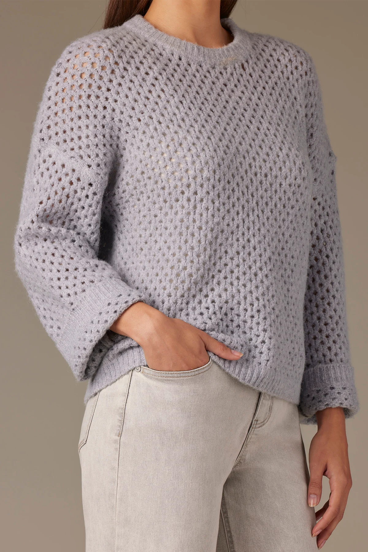 Long Cuffed Sleeve Round Neck Open Work Sweater - Image 14