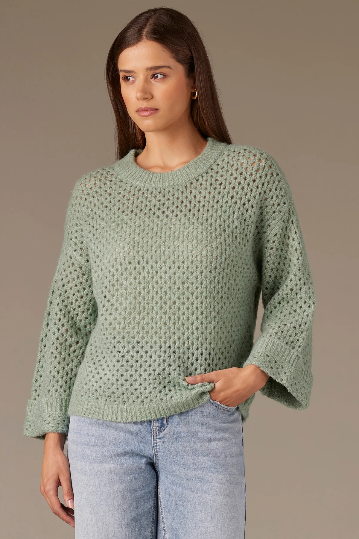 Long Cuffed Sleeve Round Neck Open Work Sweater - Image 15