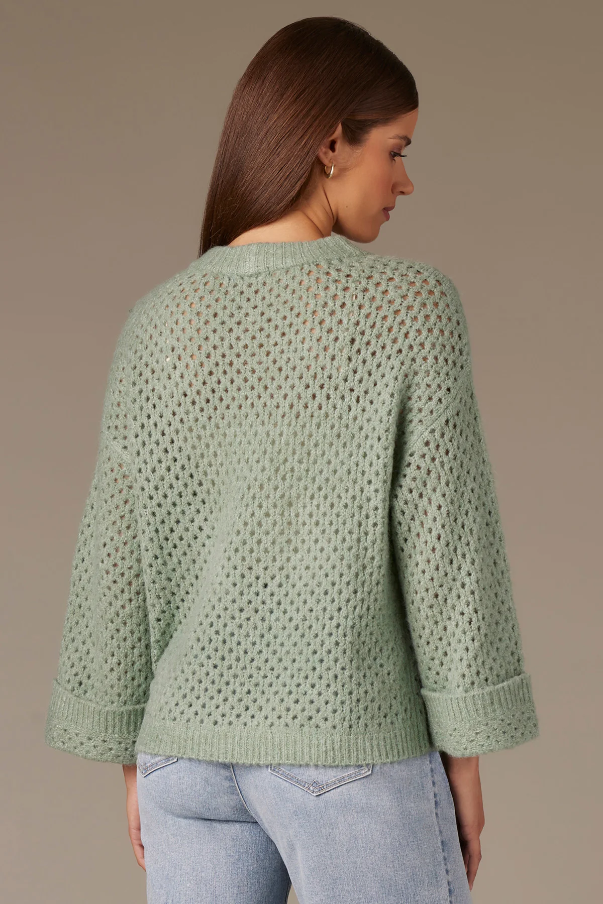 Long Cuffed Sleeve Round Neck Open Work Sweater - Image 17