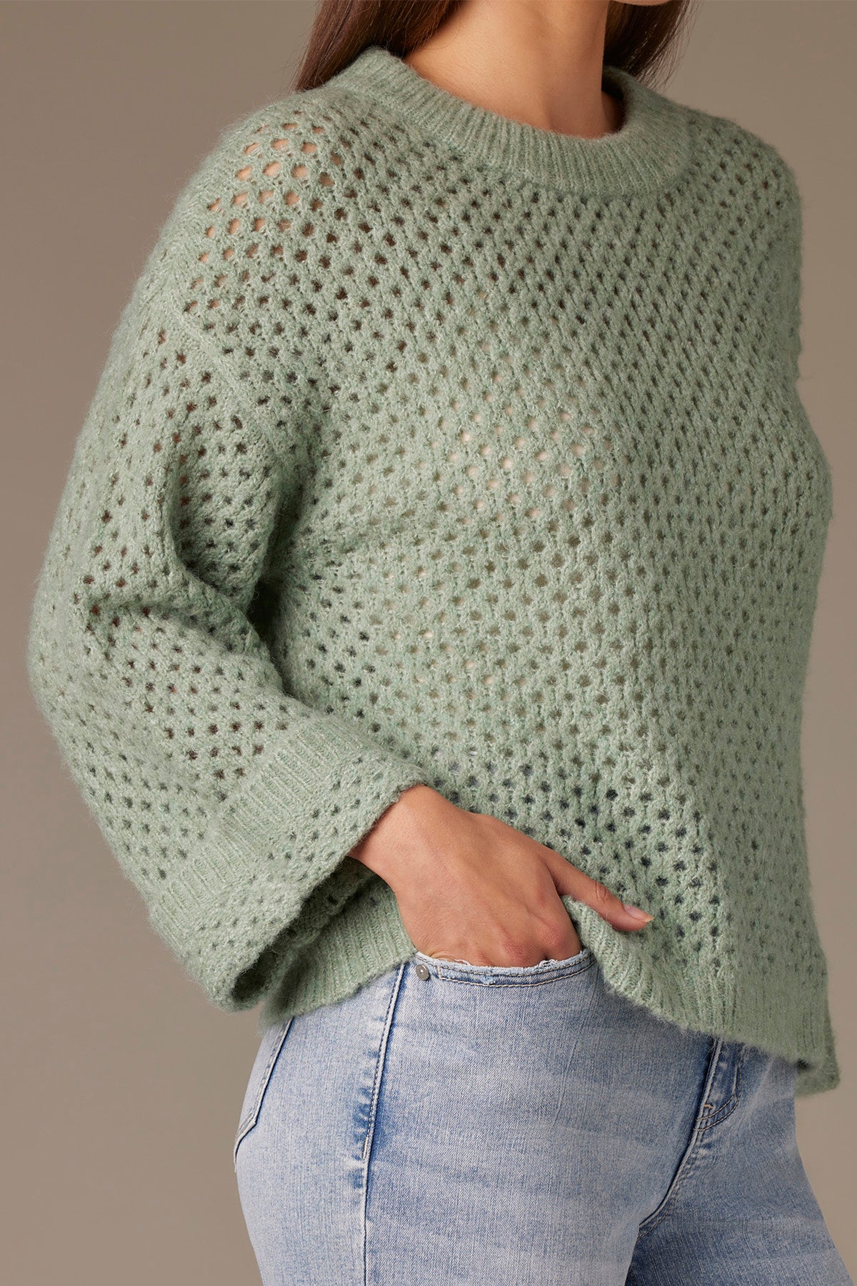 Long Cuffed Sleeve Round Neck Open Work Sweater - Image 18