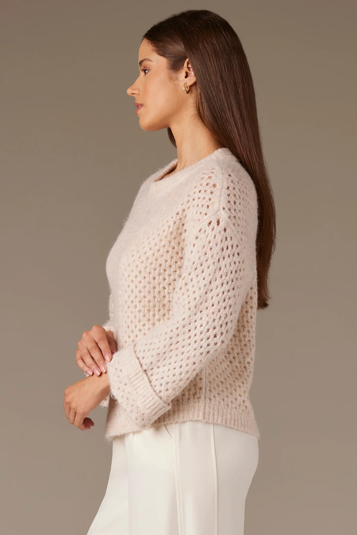 Long Cuffed Sleeve Round Neck Open Work Sweater - Image 3