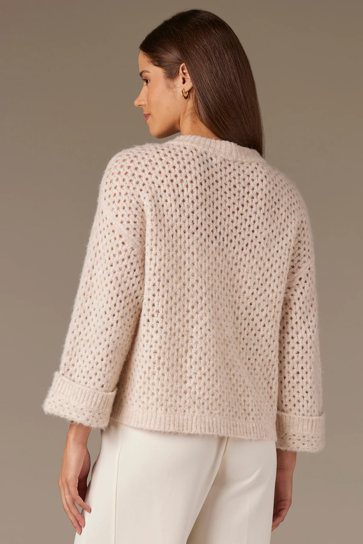 Long Cuffed Sleeve Round Neck Open Work Sweater - Image 4