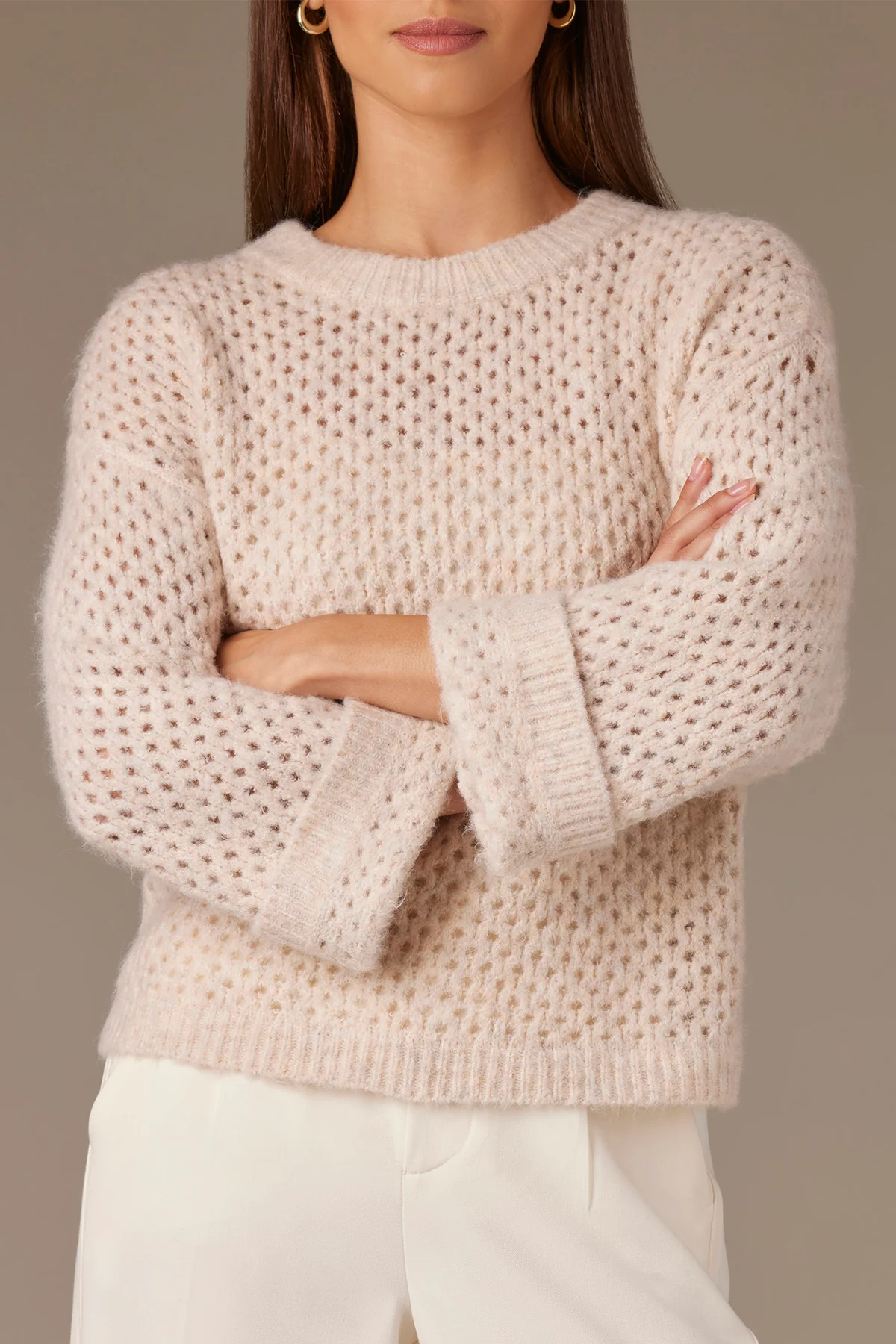 Long Cuffed Sleeve Round Neck Open Work Sweater - Image 5