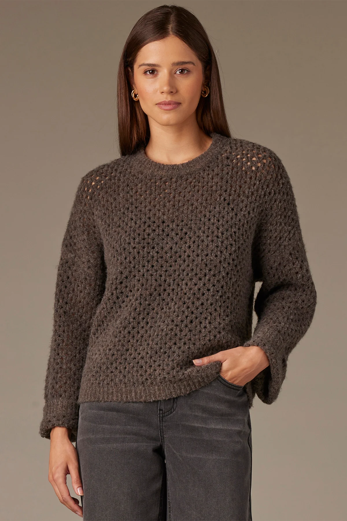 Long Cuffed Sleeve Round Neck Open Work Sweater - Image 6