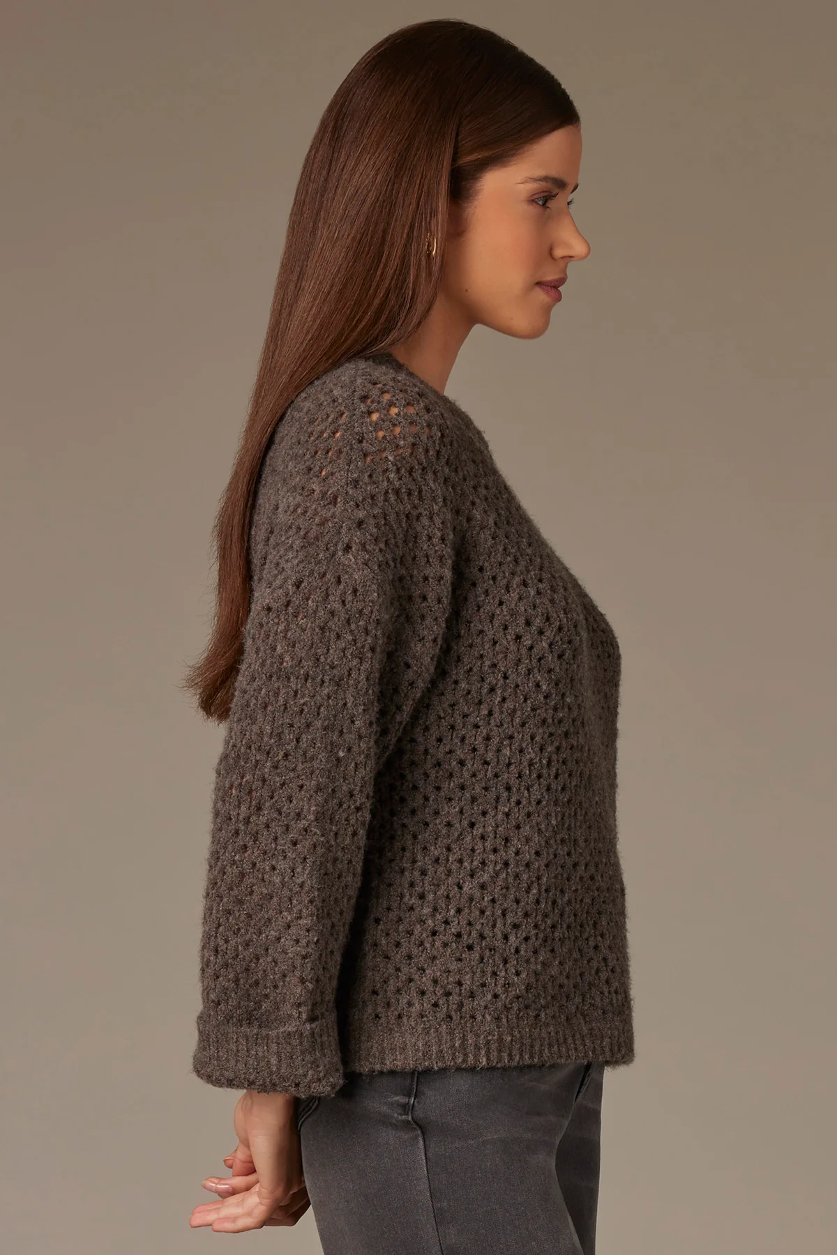 Long Cuffed Sleeve Round Neck Open Work Sweater - Image 8
