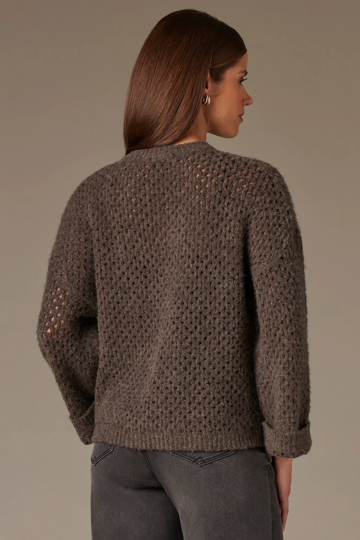 Long Cuffed Sleeve Round Neck Open Work Sweater - Image 9