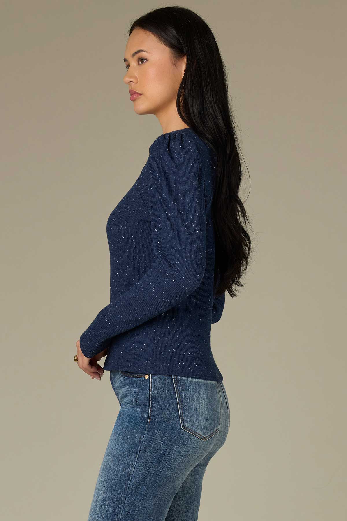 Long Puff Sleeve Crew Neck Speckled Thermal Knit Top - Image 10