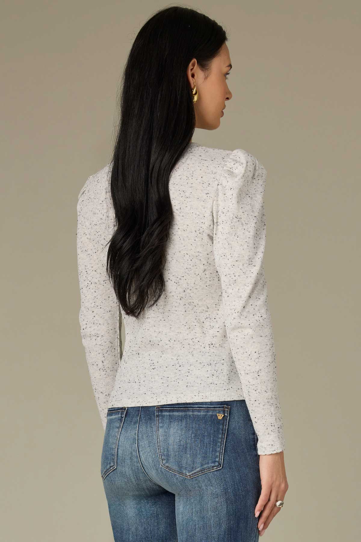 Long Puff Sleeve Crew Neck Speckled Thermal Knit Top - Image 12