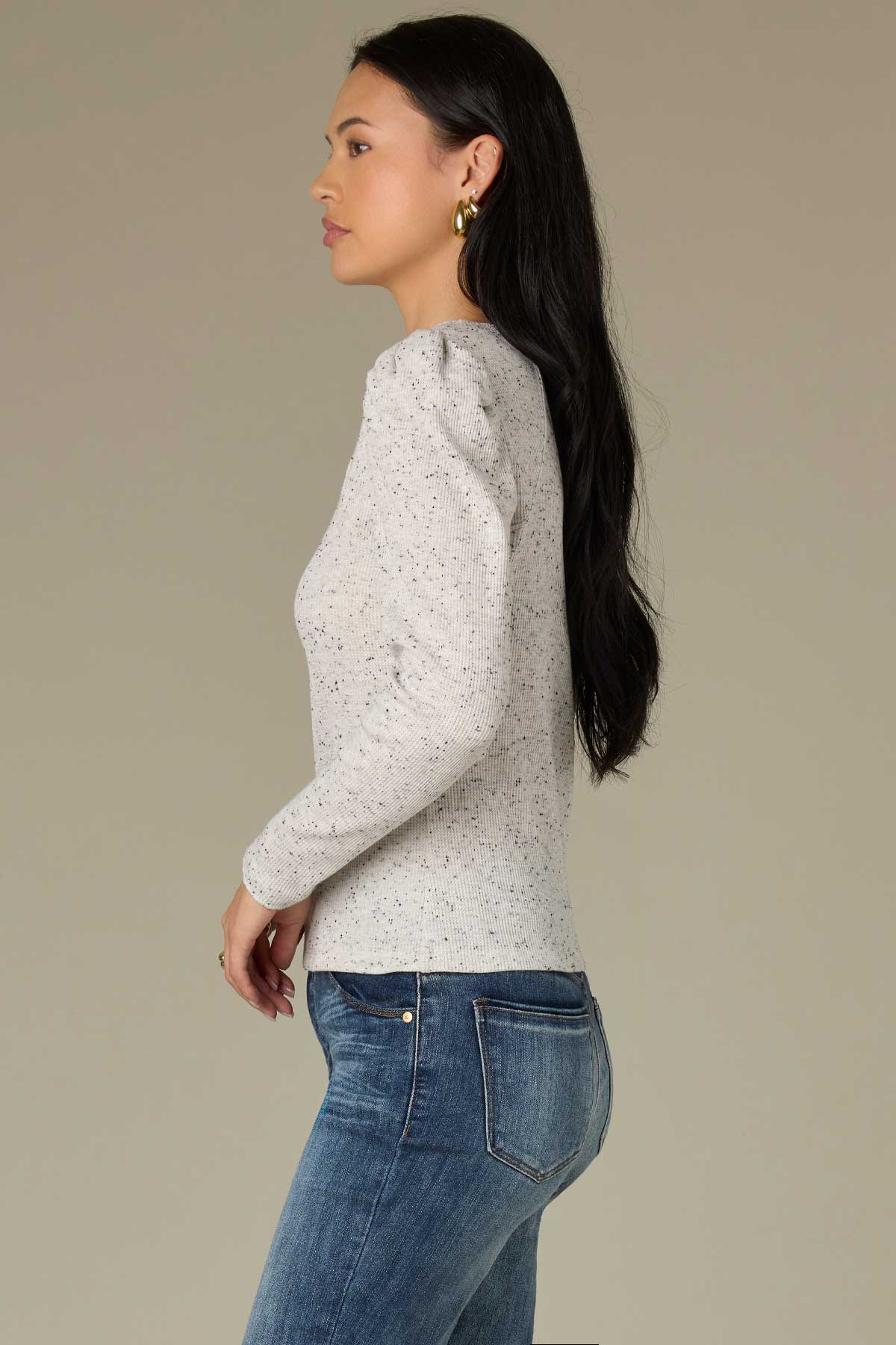 Long Puff Sleeve Crew Neck Speckled Thermal Knit Top - Image 13