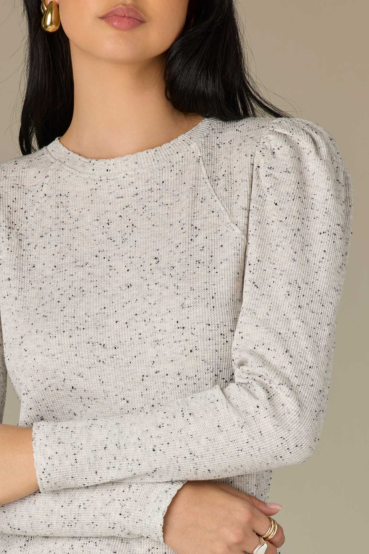 Long Puff Sleeve Crew Neck Speckled Thermal Knit Top - Image 14